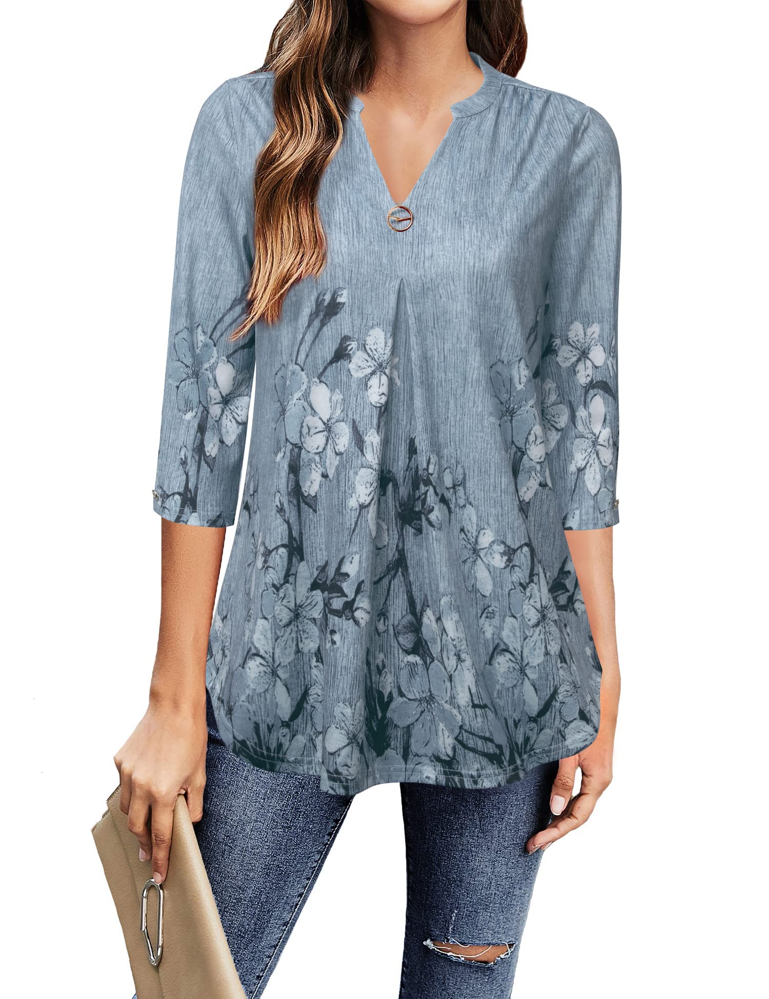 Gaharu Damen Bluse 3/4 Arm Elegant V-Ausschnitt Tunika Shirt Oberteil Flowy Locker Longshirt Tops