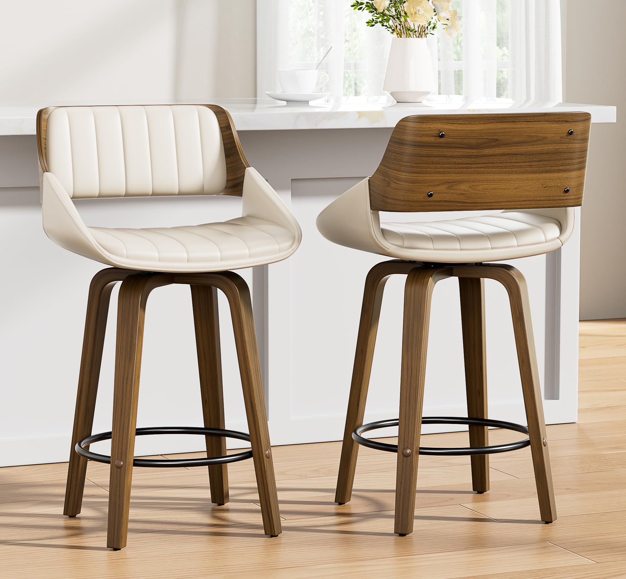 - Bar Stools Set of 2, 26" Swivel Counter Height Barstools with Bentwood Back and Legs, Mid Century Modern Upholstered Faux Leather Counter Stools for Kitchen Island, Dining Room, Cream White