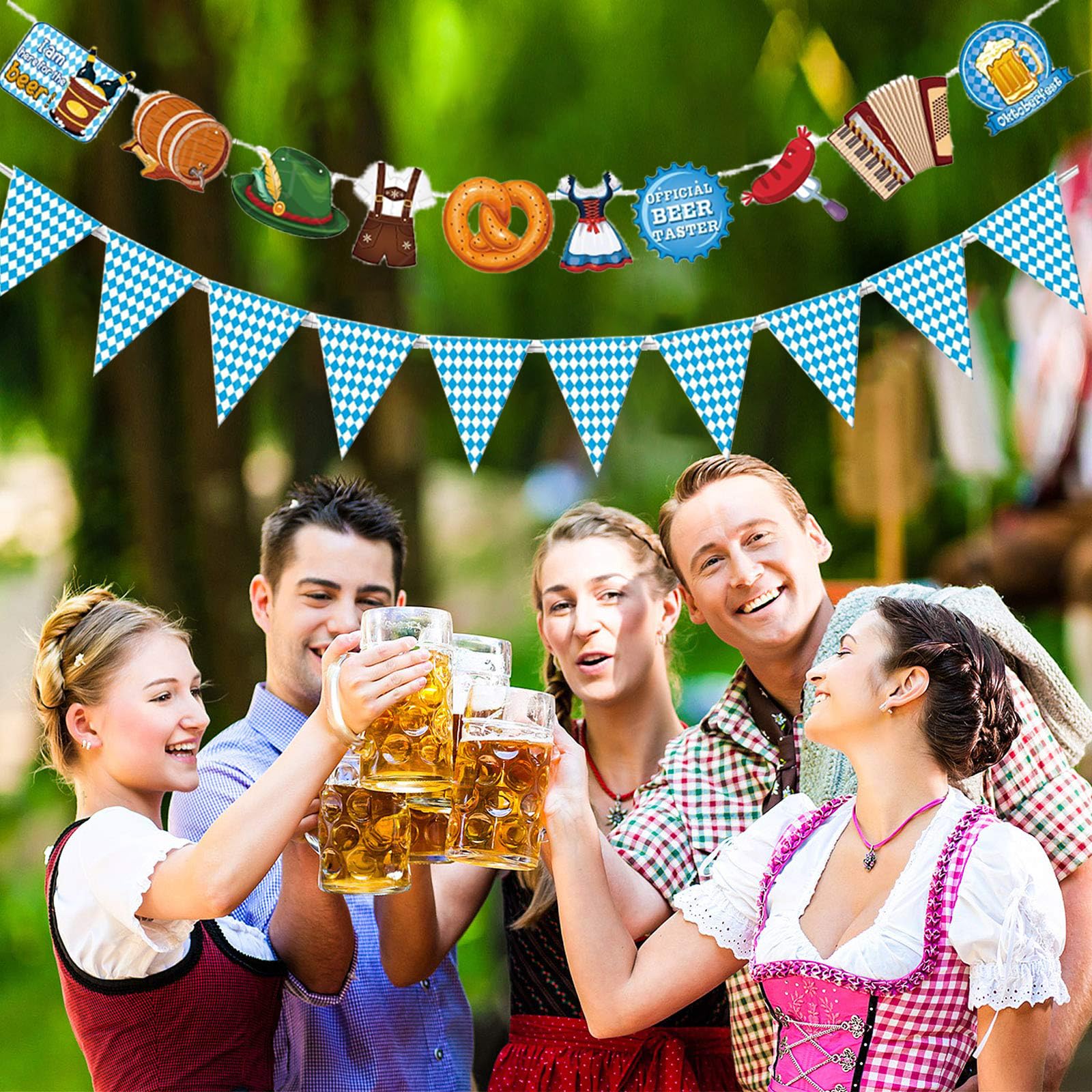 Couronne DIY Oktoberfest Bavaroise Bleu-Blanc - Guirlande Fanions & Feuilles, Fête De La Bière, Jardin, Bar
