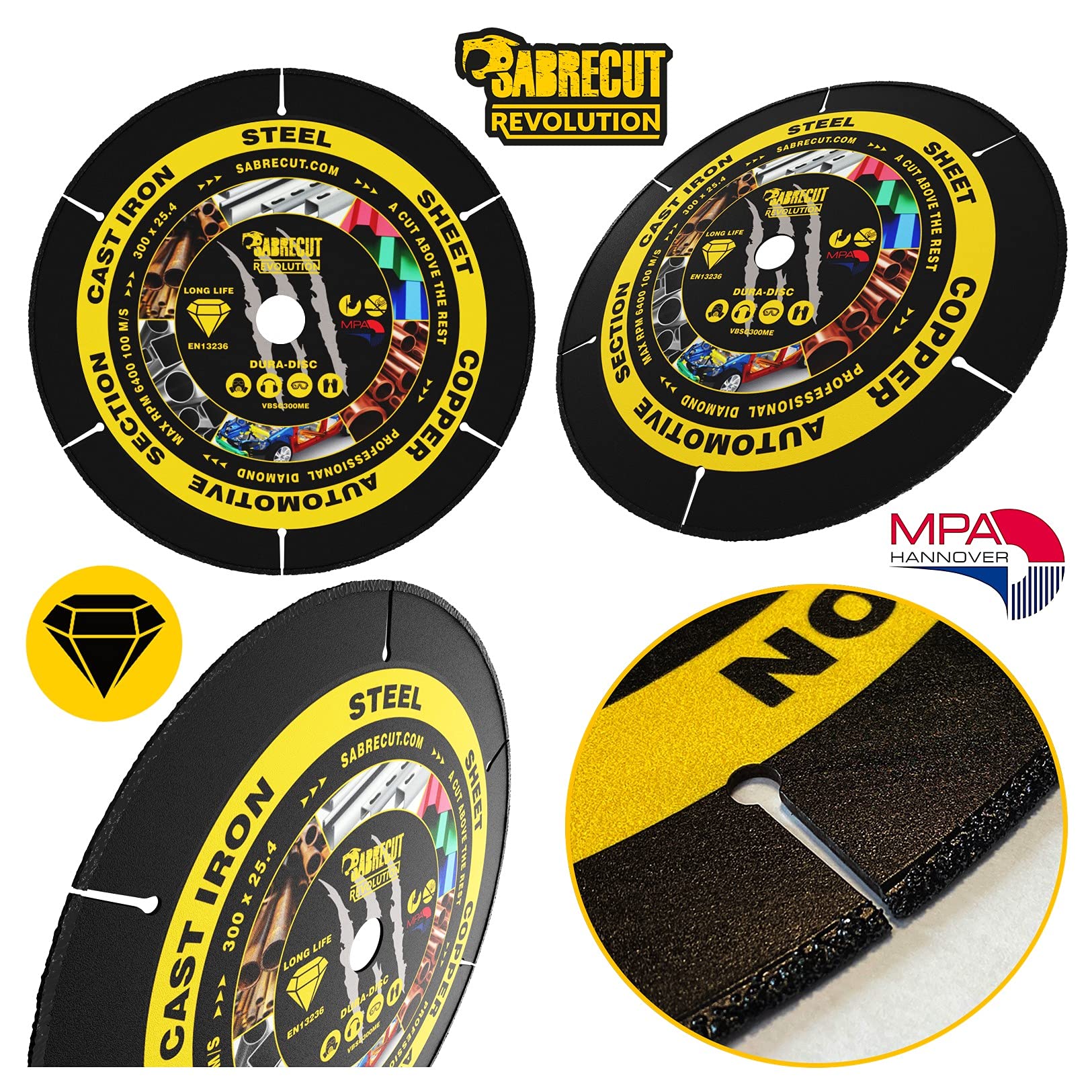SabreCut 1pc VBSC300ME 300mm 22.23mm Eje Metal Disco sierra circular TCT | Industrial-grade vacuum-brazed diamond ofrece duradero corte en seco through ferrous y non-ferrous metals