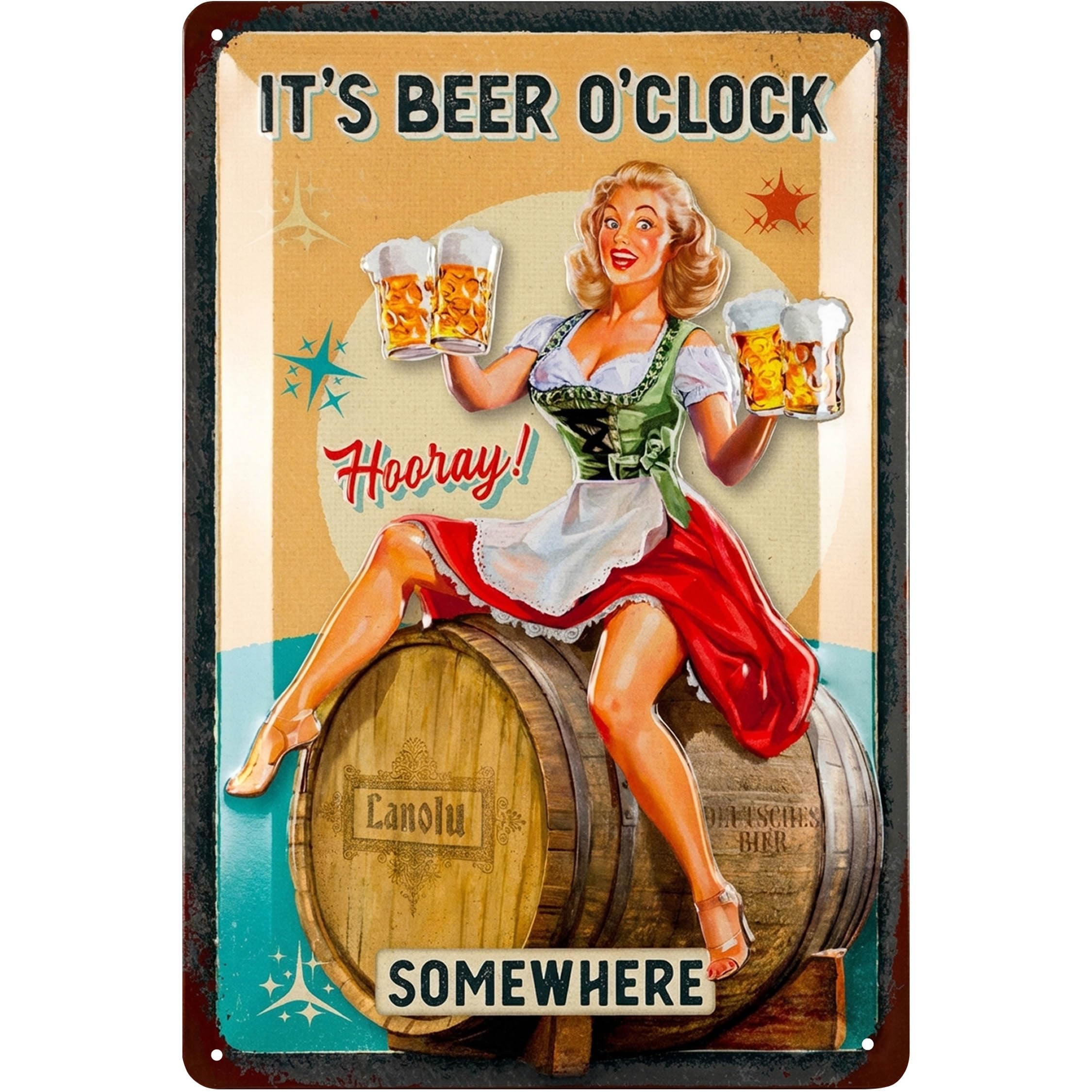 LANOLU Vintage Beer Sign - IT`S BEER O`CLOCK SOMEWHERE - Beer Signs for man Cave, Metal Beer Signs, Funny Metal Bar Signs, Vintage beer signs - Embossed 12x8"