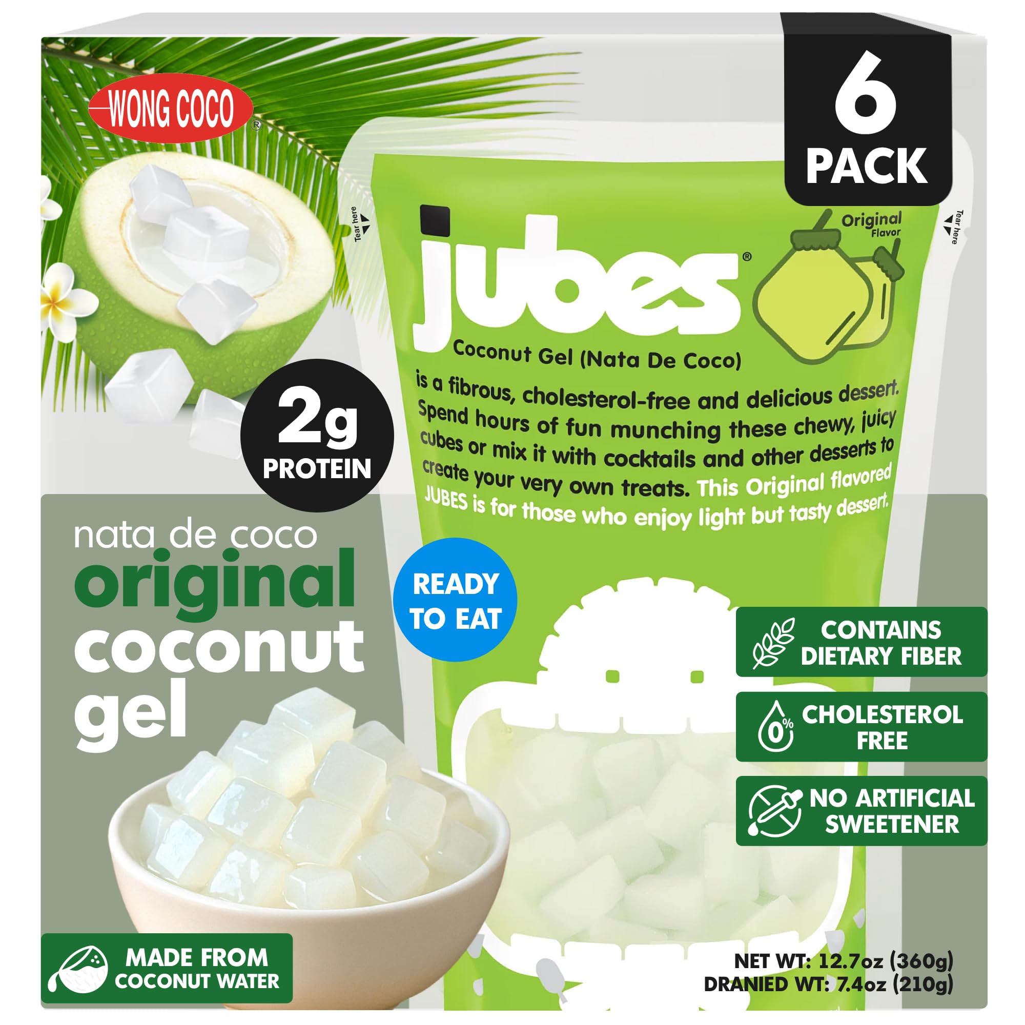 Jubes Pandan Nata de Coco Jelly Cubes, 12.7 oz Pack of 6, Coconut Gel in Syrup, Pandan Coconut Cubes for Sago, Bubble Tea, Boba, Desserts, Yogurt, Ice Cream