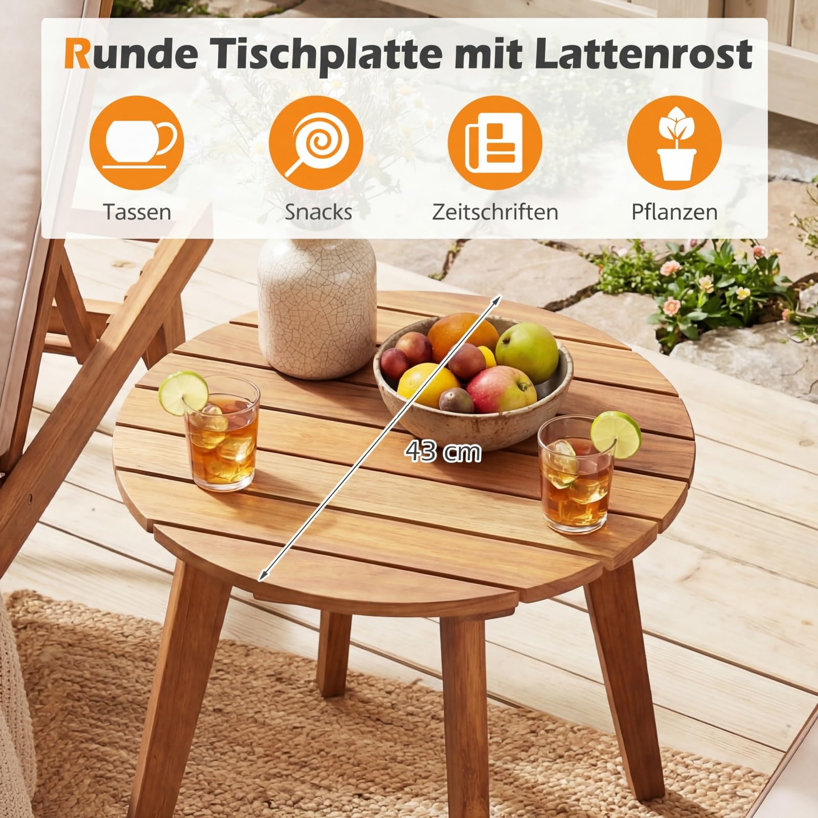 COSTWAY Beistelltisch Holz wetterfest, runder Gartentisch, Holztisch aus Akazienholz, Kleiner Balkontisch, Kaffeetisch für Garten, Balkon, Terrasse, 43 x 43 x 35 cm