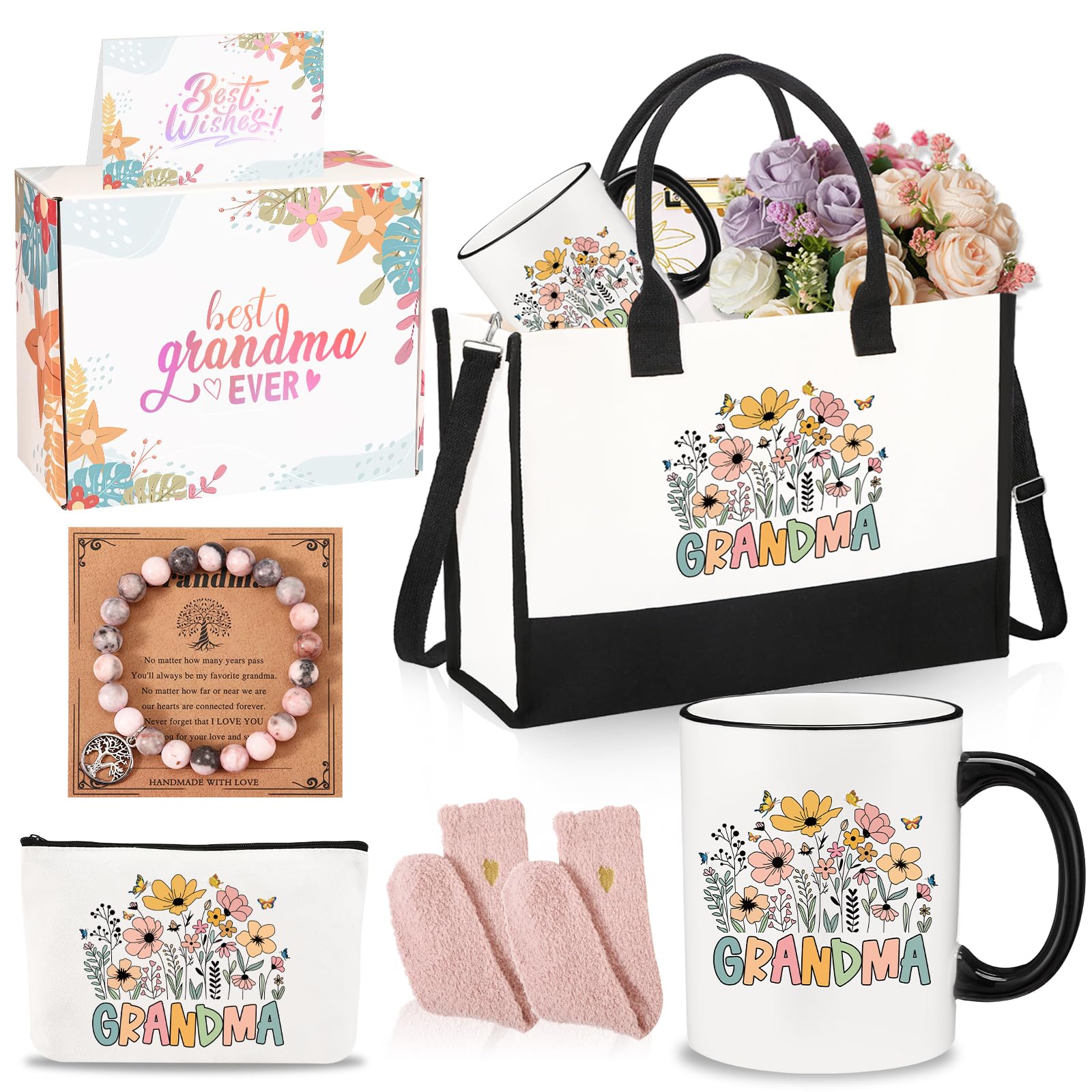 4MELLY Grandma Gifts Grandmather Birthday Gifts from Granddaughter Grandson Best Grandma Ever Coffee Mugs Gift Box Christmas Thanksgiving