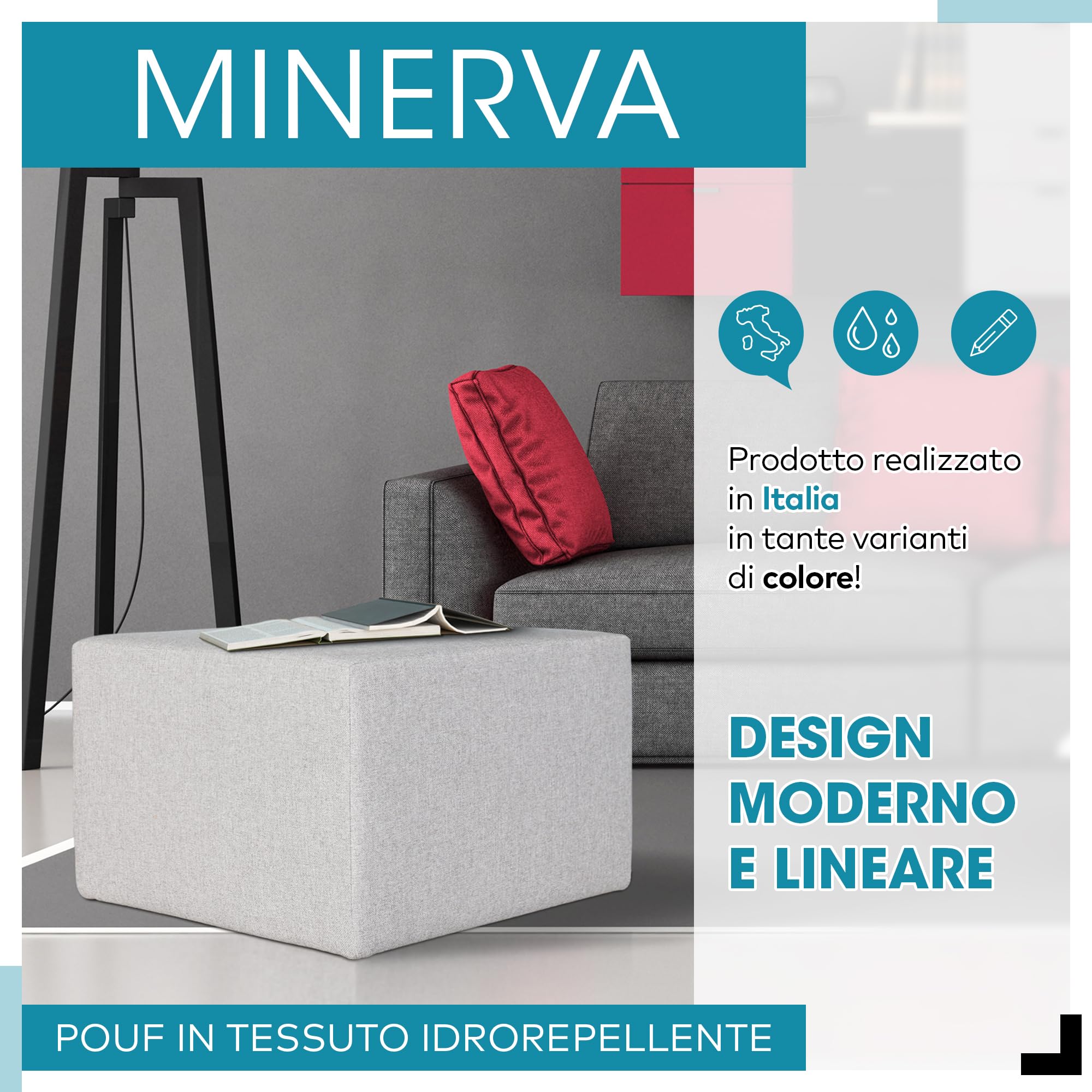 Deshome Pouf hocker Fußstütze 63x63x44 cm Wasserabweisender Stoff: Modernes Design Pouf für Sofa Wohnzimmer Schlafzimmer, Puff hocker, Pouffe Minerva Grau