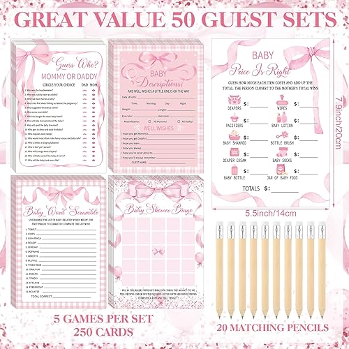 Miniatura 5 de Patelai Juego de 321 piezas de juegos de baby shower con lazo rosa para niña, 5 juegos que incluyen 50 tarjetas de actividad, 20 lápices, 1 letrero