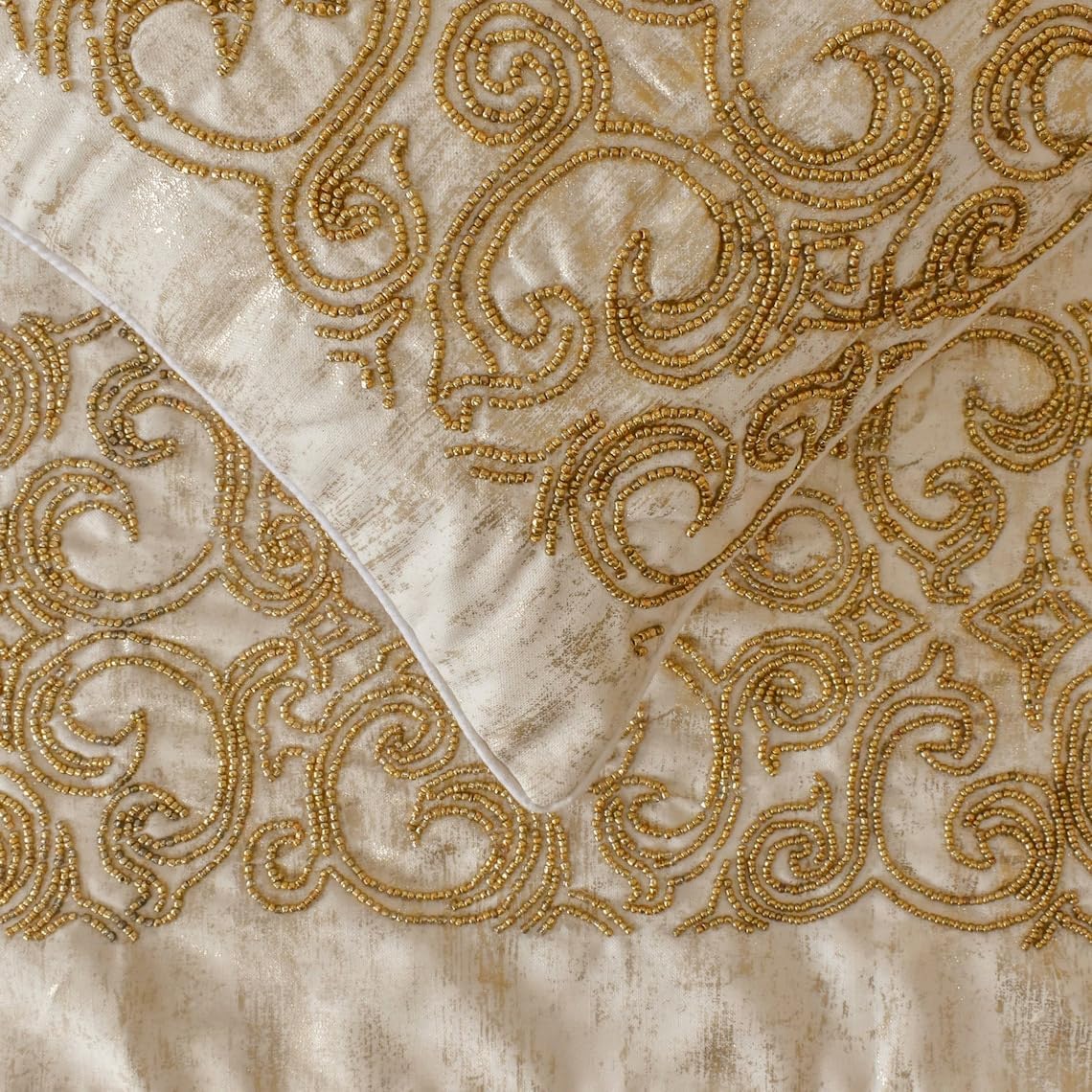 The HomeCentric King/Queen/Twin Gold Designer Twin 53"x18" Bed Runner Without Pillow Cover, Foil & Hand Beaded Embroidery Bed Scarf on Jacquard Fabric - Ornamento Oro