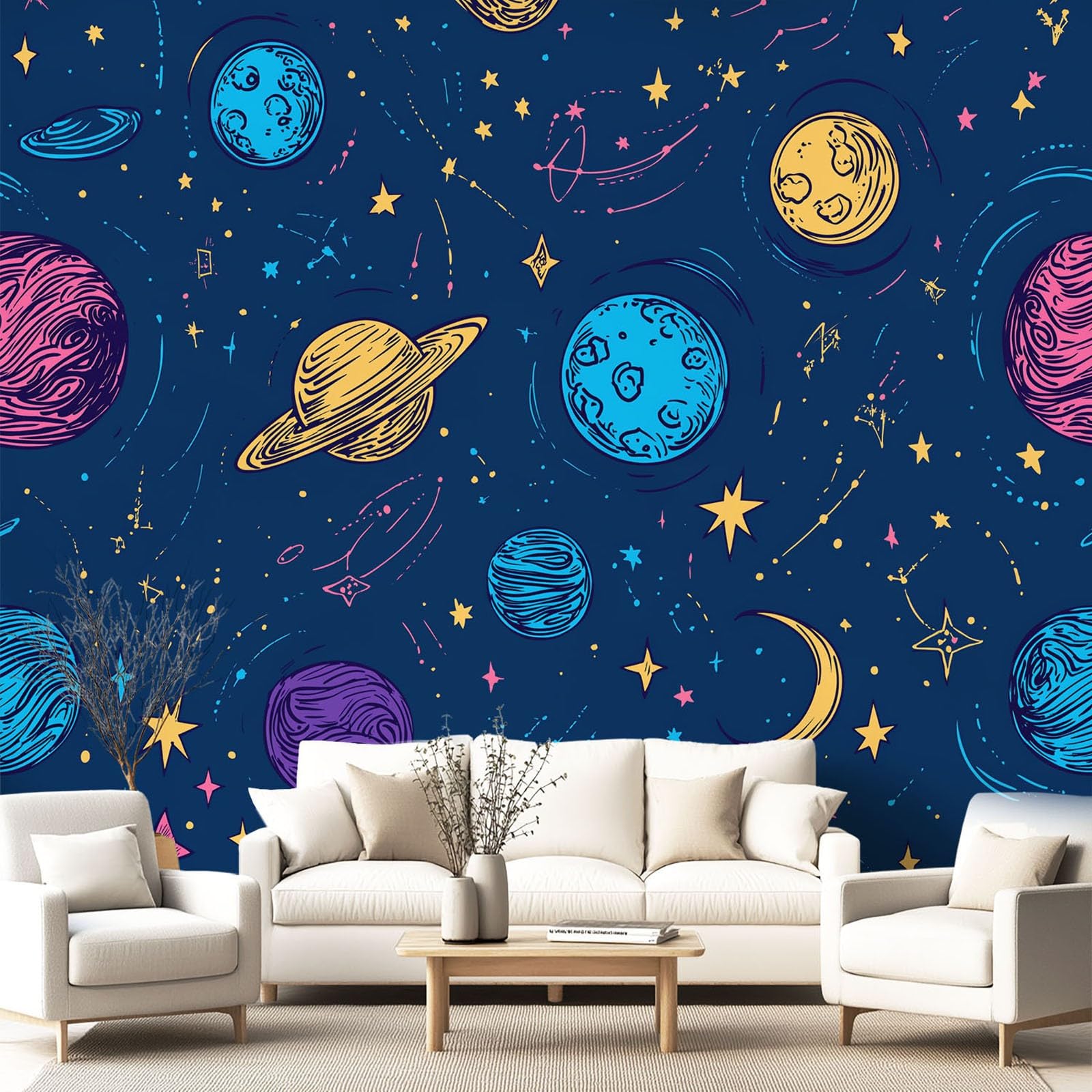 Tapeta 3D z kreskówki, marzycielska, romantyczna 300 x 210 cm, mural ścienny, planeta, księżyc, tapeta do sypialni, przedszkola, malowniczego ogrodu, wisząca