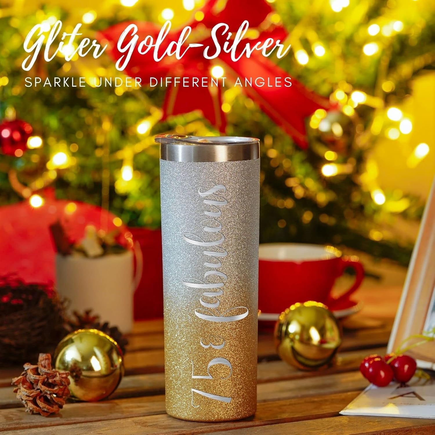 Onebttl 75 & Fabulous 20 Oz Insulated Stainless Steel Wine Tumbler, 75th Birthday Gifts for Grandma, Mom, Glitter Gold - Image 2