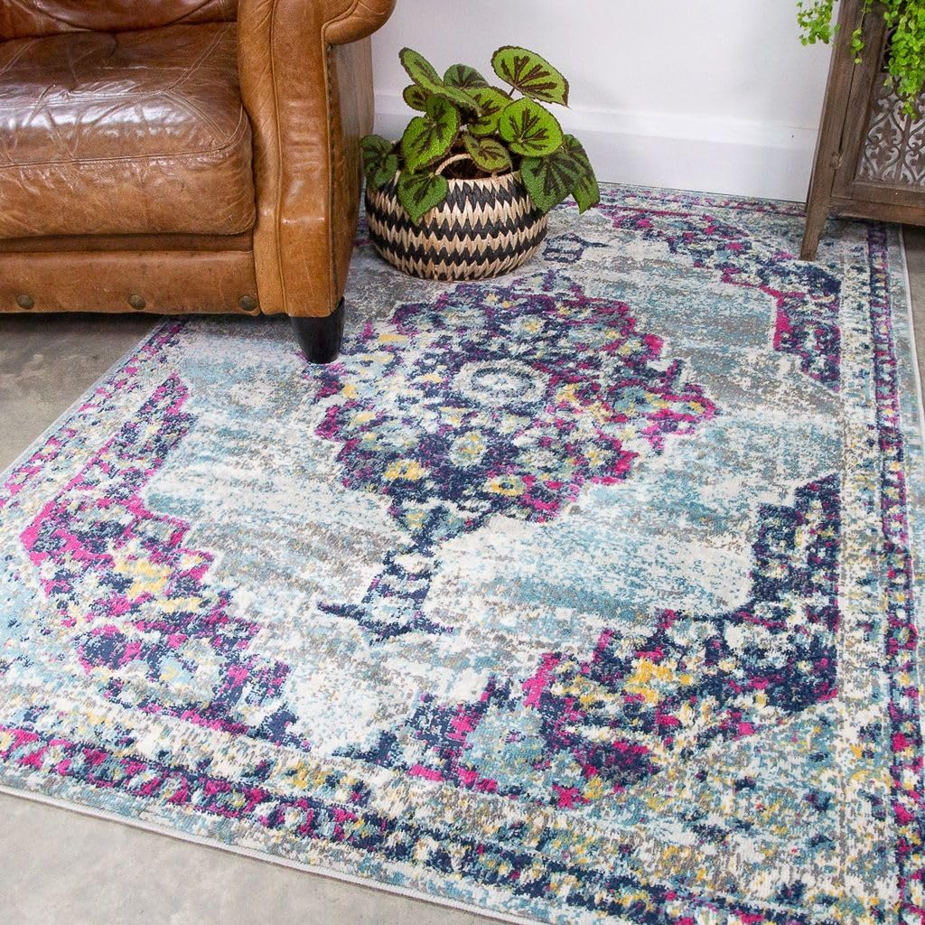 Light Blue Hot Pink Grey Area Rug Kitchen Carpet Mat for Hallway Dining Room Kids Bedroom Luxury Modern Soft Living Room Rugs Backed Durable Decor Large 190cm x 280cm