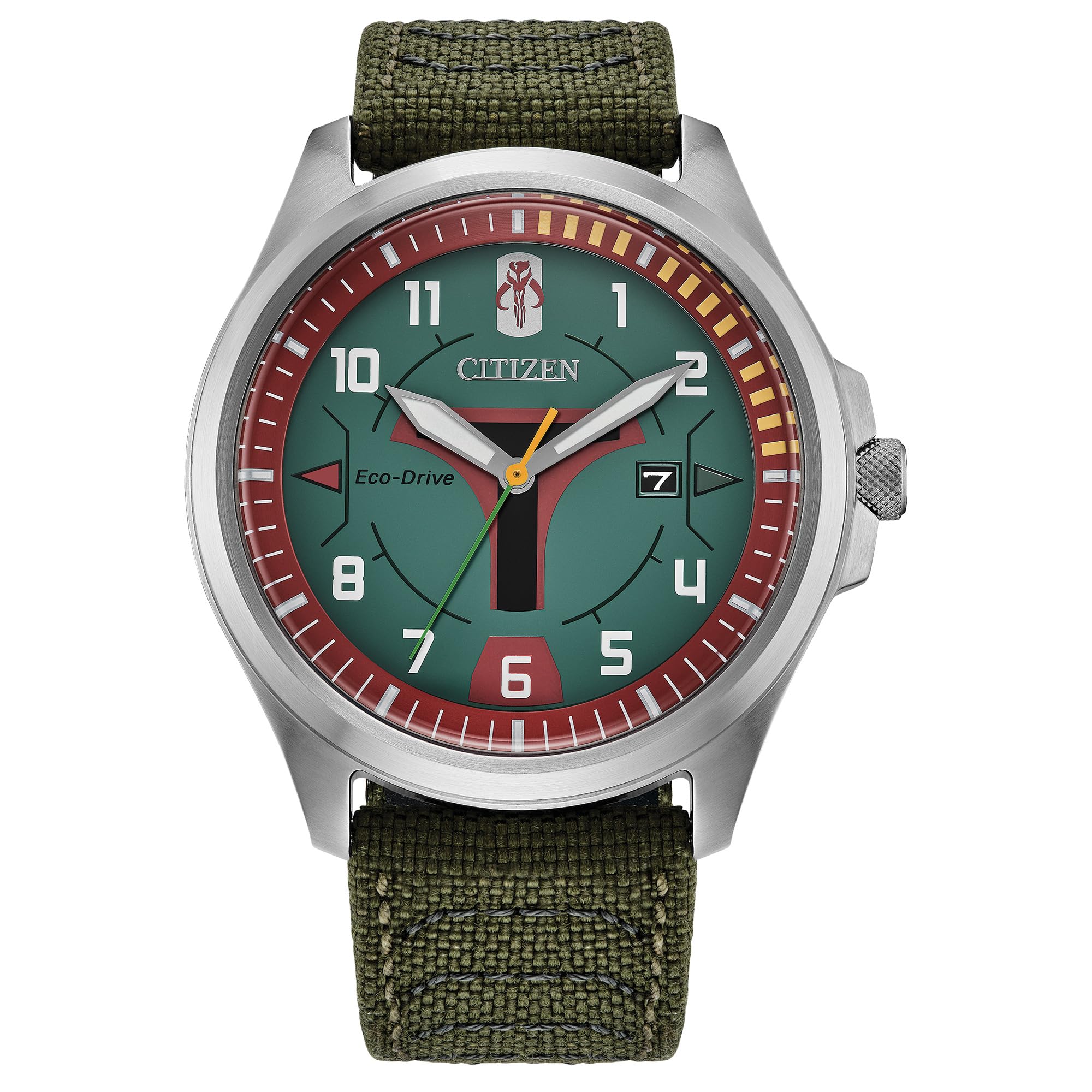 Citizen Mens Eco-Drive Boba Fett Watch, Silver-Tone Stainless Steel Case with a Green Nylon Strap &amp; Green Dial (Style: AW1418-06W)