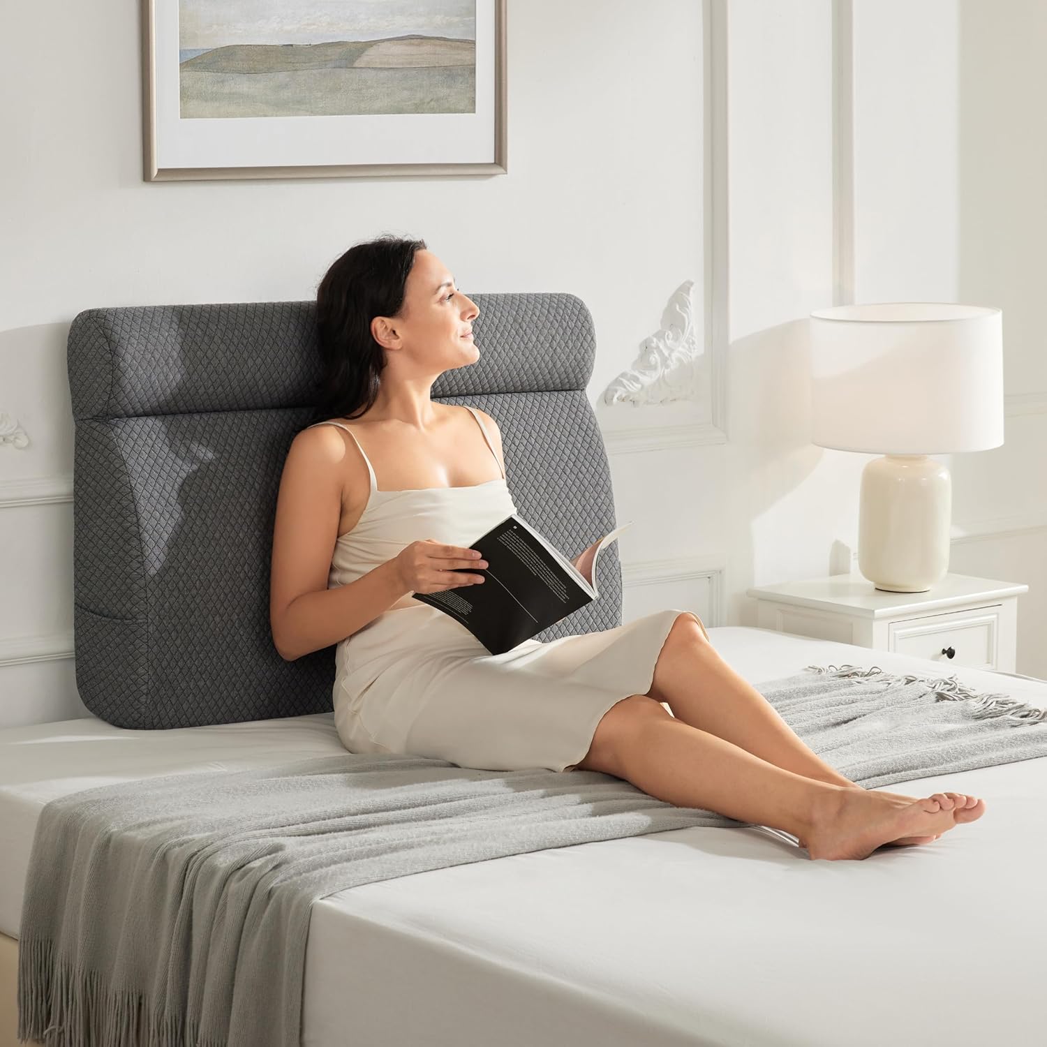 Headboard Pillow Twin Wedge Memory Foam Pillow Headboard with Head Rest One-Piece Ergonomic Linen Upholstered Backrest Cushion for Back Support, Bed Rest Pillows for Bed Dorm Daybed, Grey