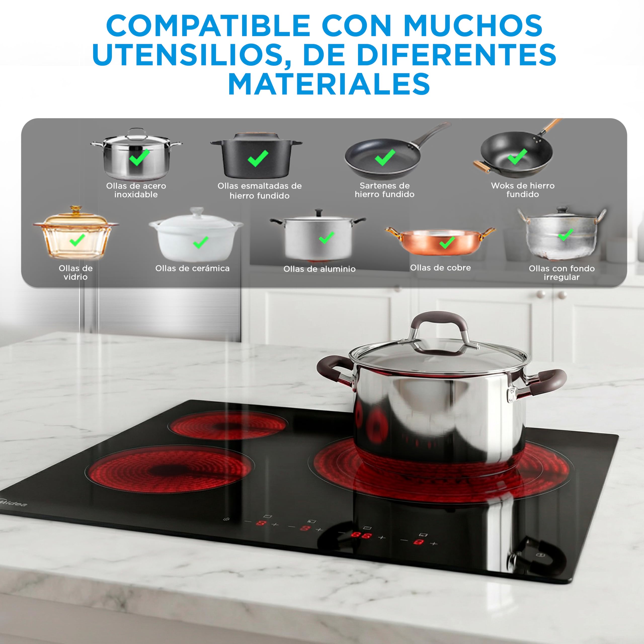 MIDEA Placa Vitroceramica 3 fuegos 6200 W - Vitroceramica Integrada con Panel de control tactil, Indicador de Luz, Temporizador, Child lock y Protección por Sobrecalentamiento — view 11