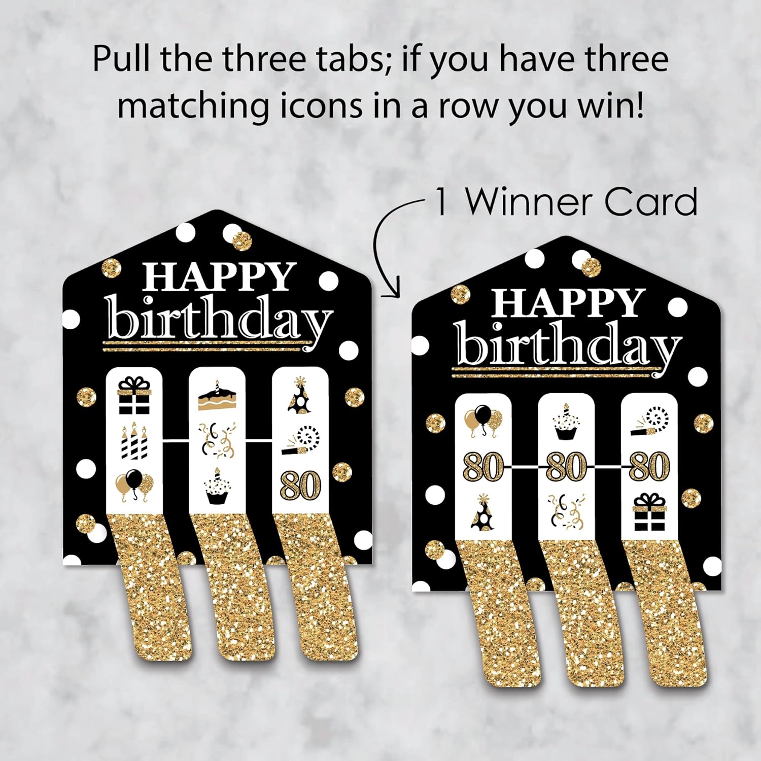 Big Dot of Happiness Adult 80th Birthday - Gold - Birthday Party Game Pickle Cards - Pull Tabs 3-in-a-Row - Set of 12