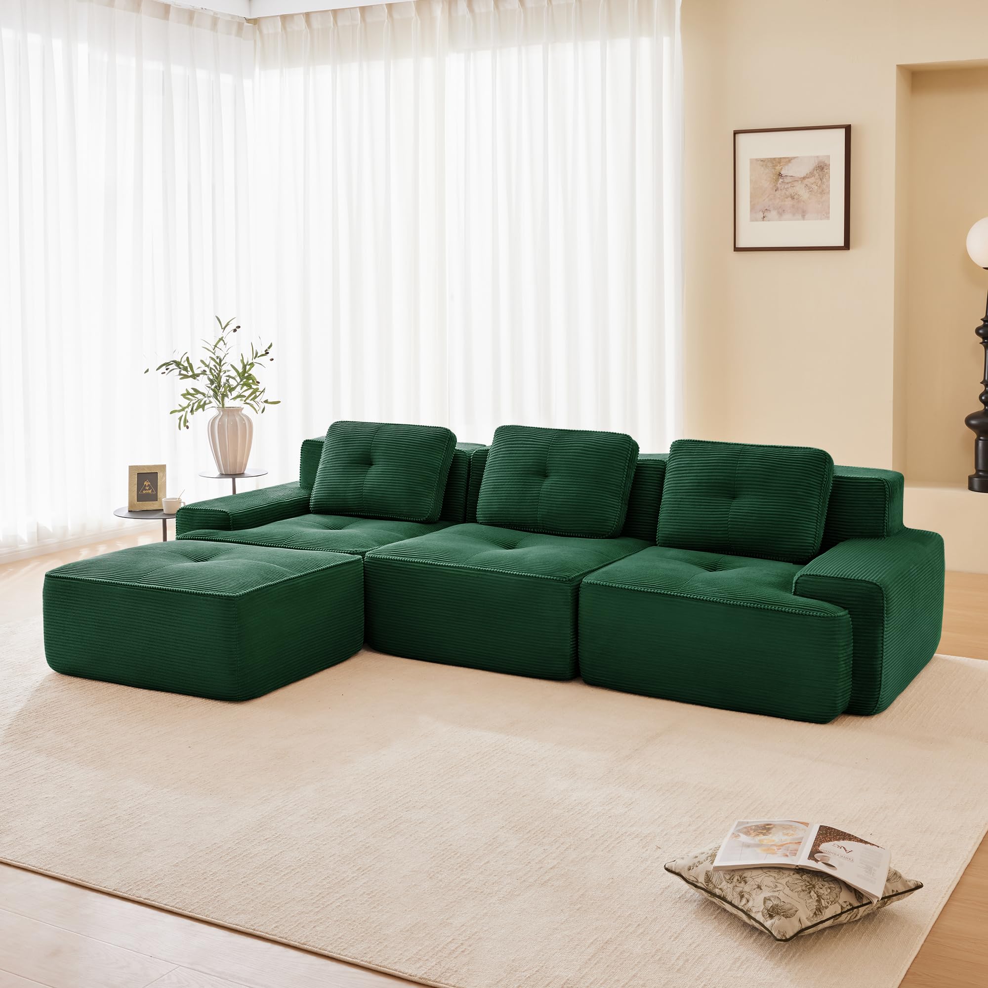 Dolamaní Boneless Sofá modular de 3 plazas + 1 taburete de pana, sin montaje, asiento profundo, moderno en forma de L, sofá esquinero para salón, dormitorio, oficina, apartamento (verde)