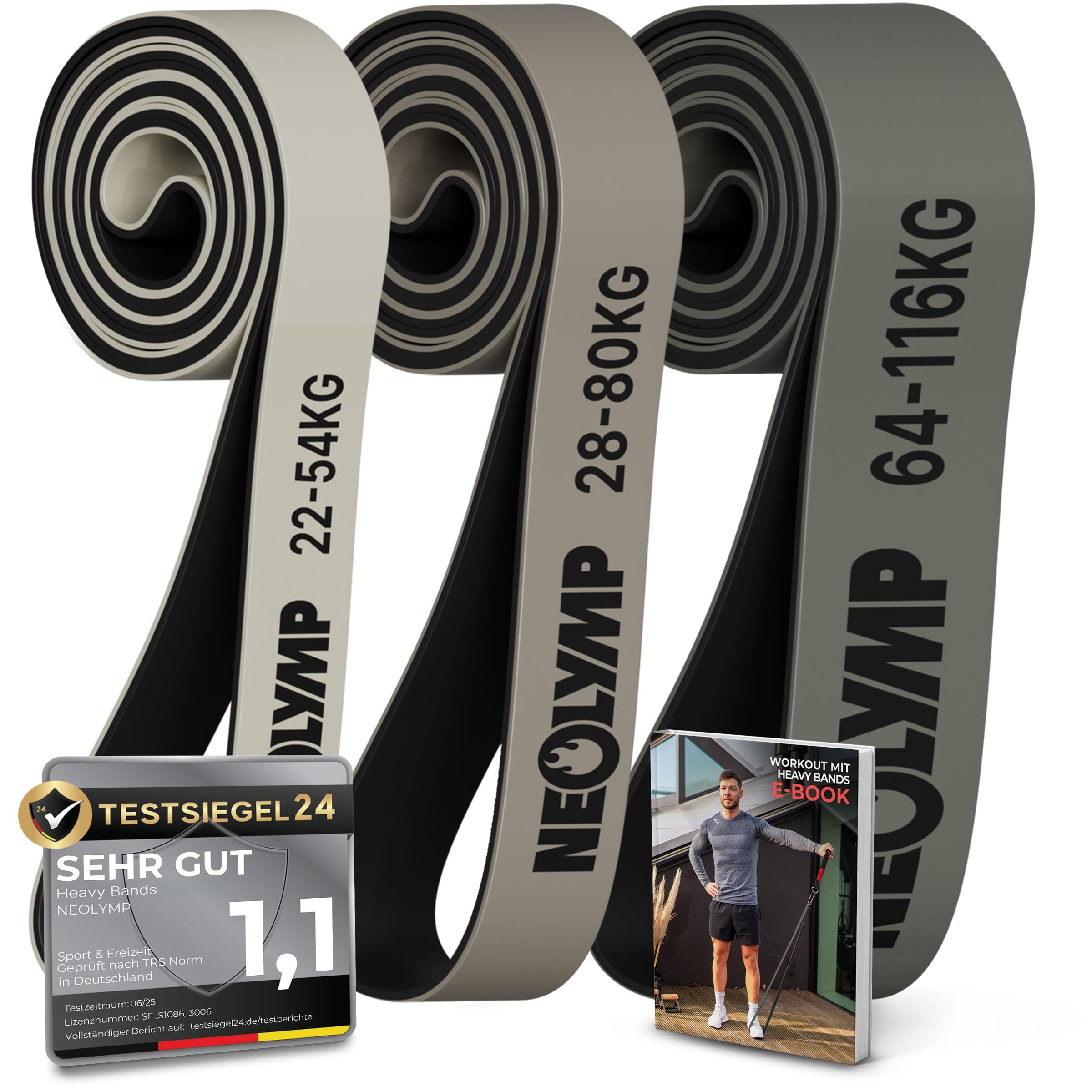 NEOLYMP Resistance Bands aus doppelbeschichtetem Naturlatex mit Fitness E-Book - Lange Fitnessbänder für Krafttraining, Widerstandsbänder, Klimmzugbänder