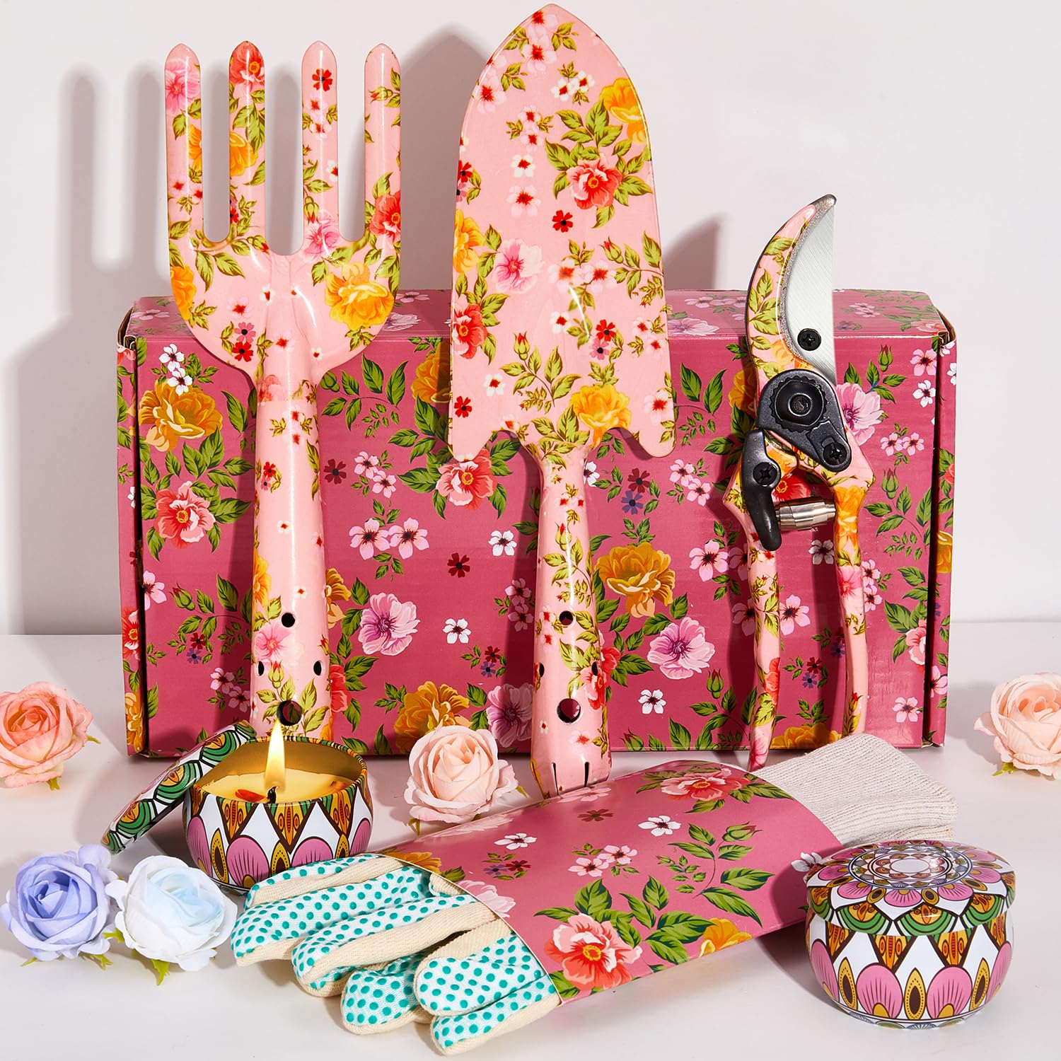 Gardening Gifts For Women, TOYPOPOR 6Pcs Garden Tools Set with Floral Print, Including Trowel, Fork, Scissor, 2 Candles and Gloves, Mother's day Birthday Gifts for Mum, Ladies Gardeners