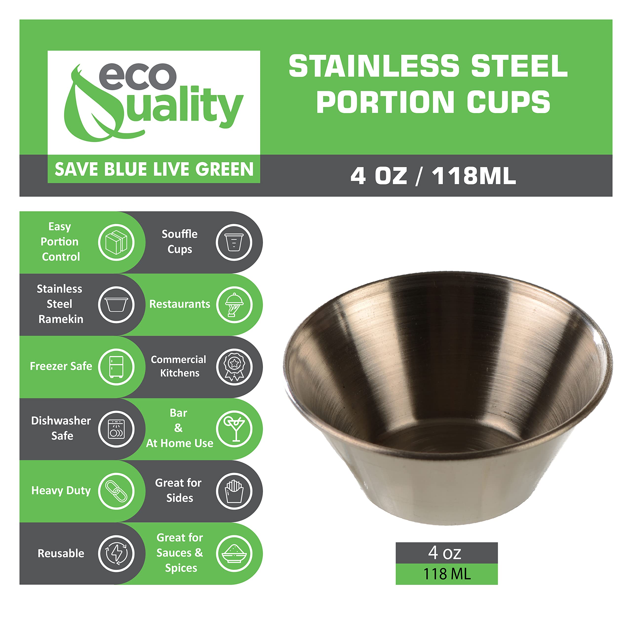 EcoQuality [96 PACK] 4 oz Stainless Steel Sauce Cups - Round Condiment Containers, Food Safe/Commercial Grade Safe/Portion Dipping Cups, Sauce Cups, Ramekins