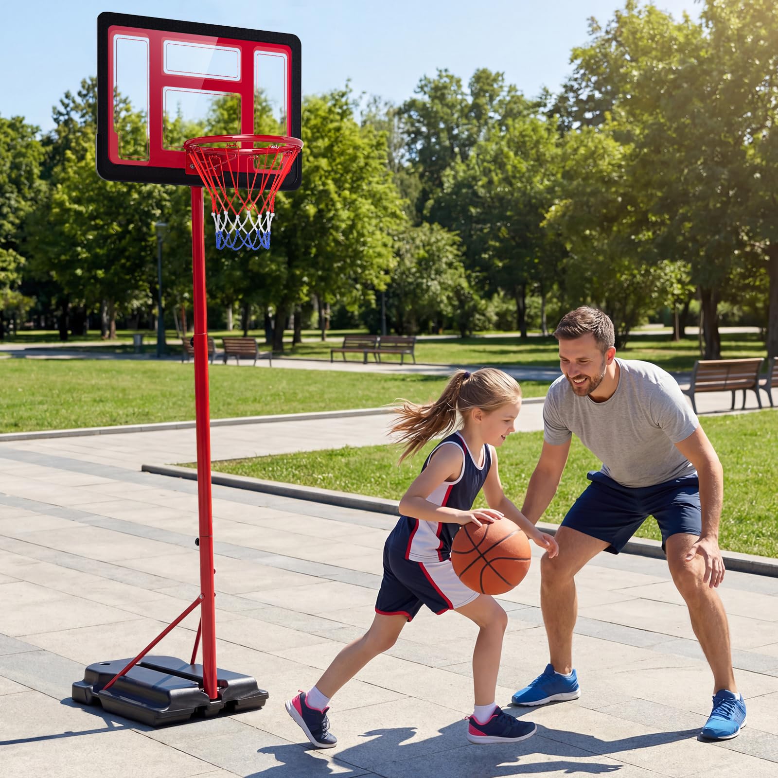 COSTWAY Canestro da Basket da Esterno ed Interno per Bambini, Canestro da Basket Regolabile in Altezza da 95 a 155 cm con Base Riempibile, Tabellone in PE e Struttura in Metallo