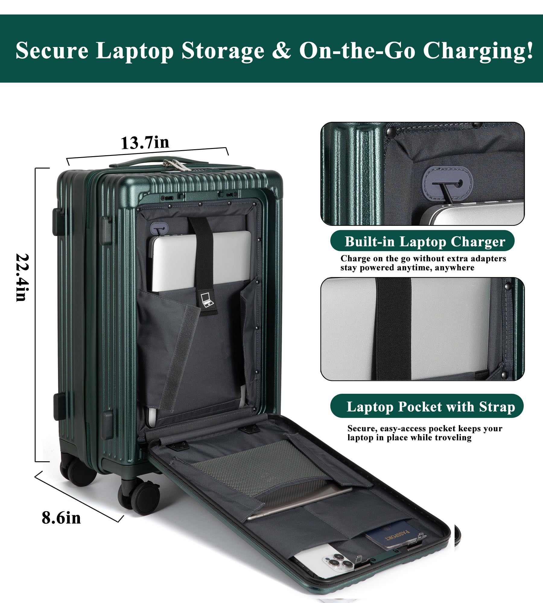feilario Valigia da 50,8 cm con telaio in alluminio rigido con chiusura a cerniera, serratura TSA integrata, con portabicchieri, porta USB e supporto per telefono, verde (con chiusura a cerniera, 50,8