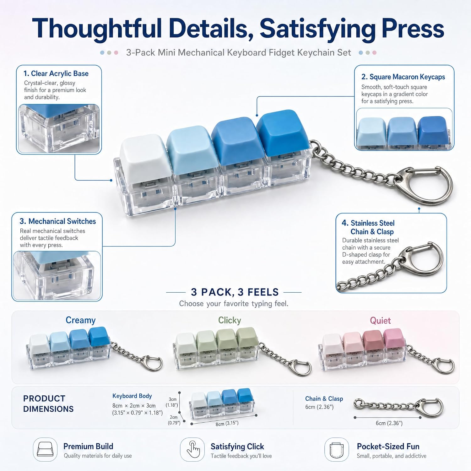 4-Key Mechanical Keyboard Fidget Toy 3-Pack, ASMR Switch Tester Set, CNC Acrylic Desk Accessory & Stress Relief for Adults (Macaron Square Keycap 1)
