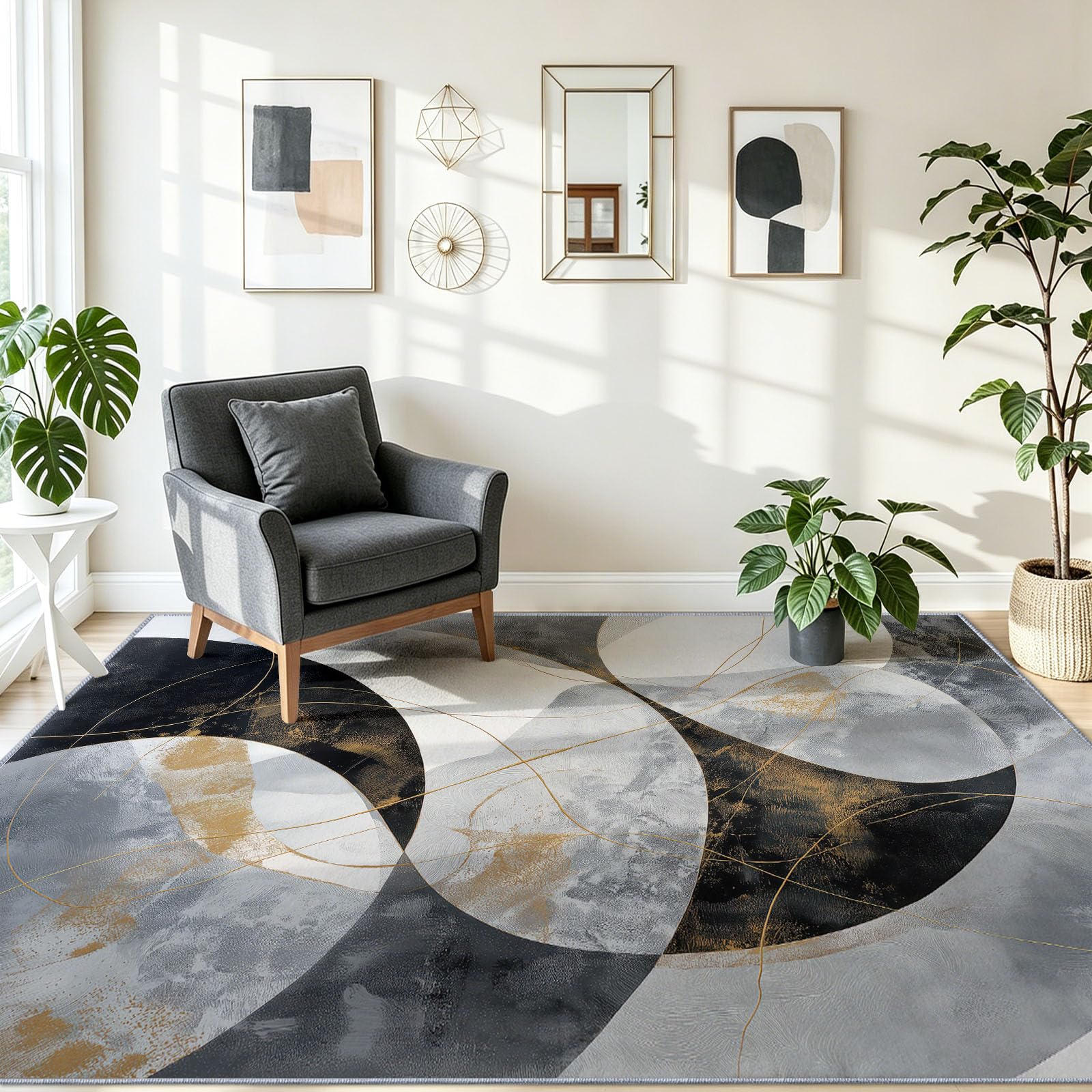 Waschbar 180 x 240 cm Minimalistisch Luxuriös Weich Teppich Wohnzimmer Schlafzimmer Esszimmer, rutschfeste Kurzflor Abstrakt Kurven Textur Teppiche, Gold Weiss