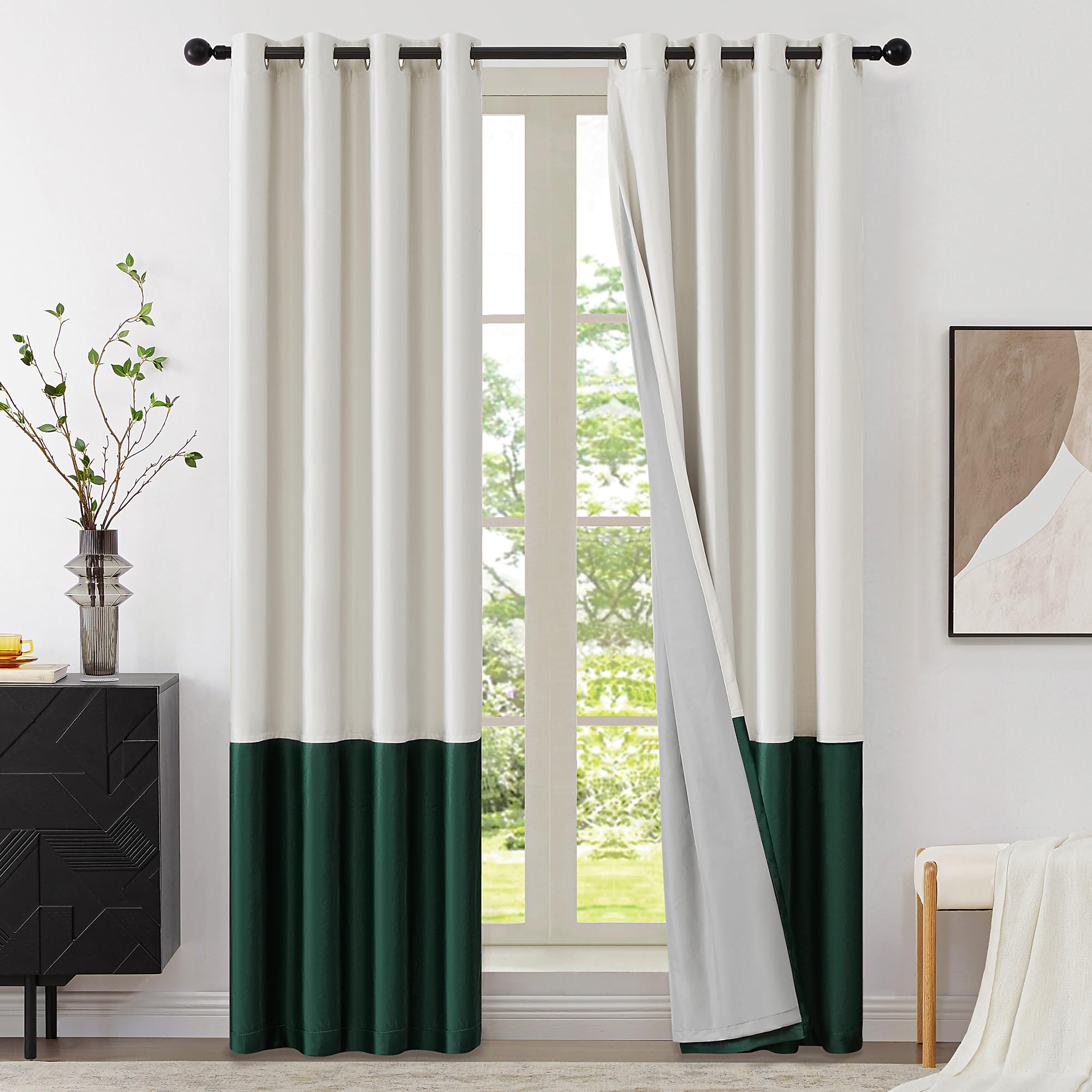 BULBUL Ivory 100% Full Blackout Velvet Curtains,84 inches Long Cream Olive Green Modern Liner Curtains Thermal Drapes Panels for Living Room Bedroom Grommet Set of 2