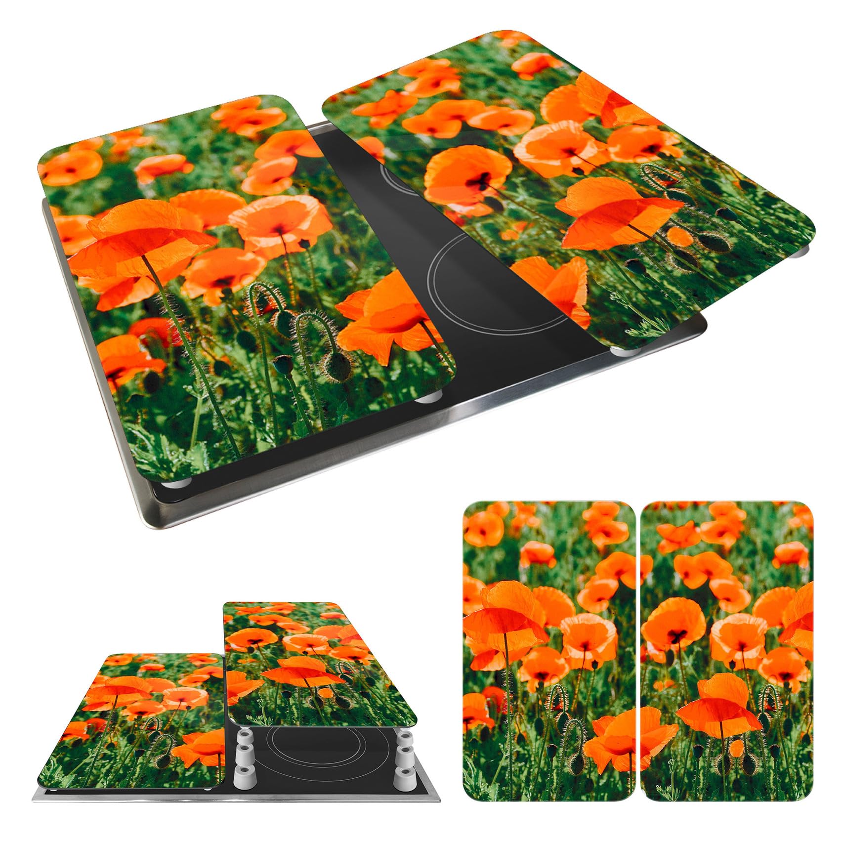 WENKO Plaque de Recouvrement Universelle Mod. Champs de Coquelicots, réglable en hauteur pour tout type de cuisinière, planche à découper et protection anti-éclaboussures, verre, 30 x 52 cm, 2 pièces