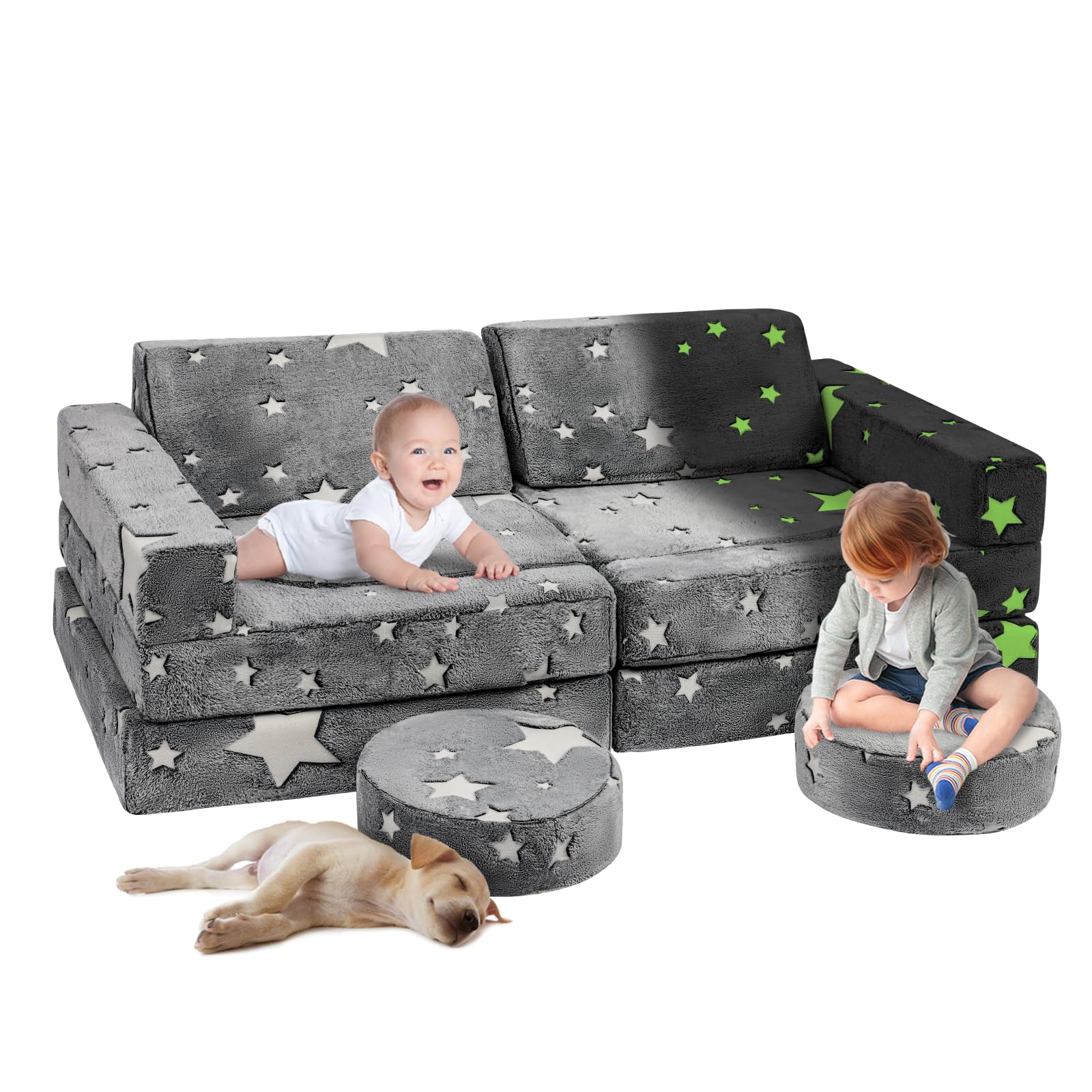 12pcs Large Kids Couch, Modular Kids Play Couch for Playroom Bedroom, 12 in 1 Glow Sofa for Playing, Creativing, Indoor for Toddler Boys and GirlsOEKO-TEX STANDARD 100