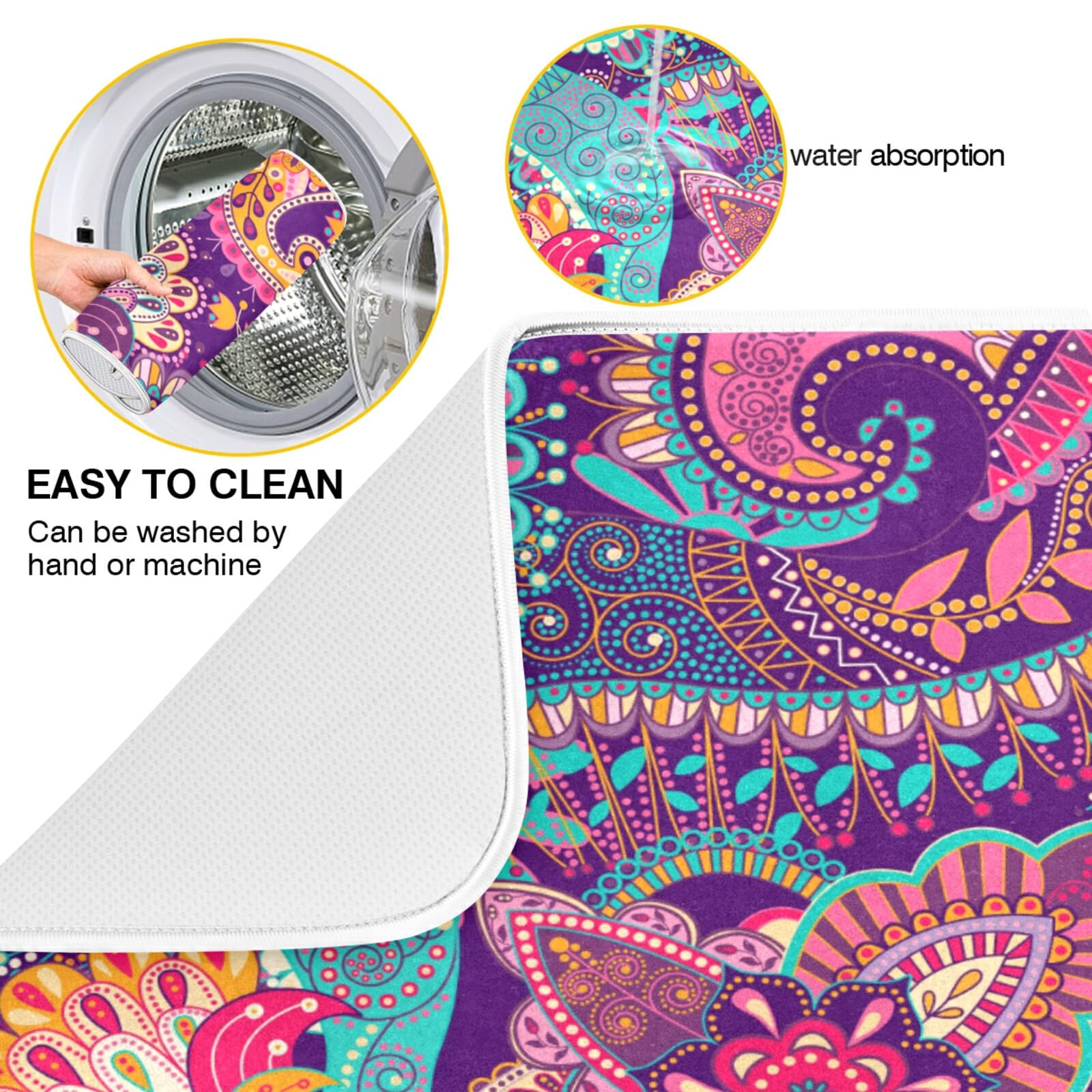 Kcldeci Indian Bohemian Mandala Dish Drying Mat Absorbent Reversible Microfiber Drying Mat Colorful Boho Floral Pattern Paisley Machine Washable Dish Drying Pad for Kitchen Counter Large 18x24 inch