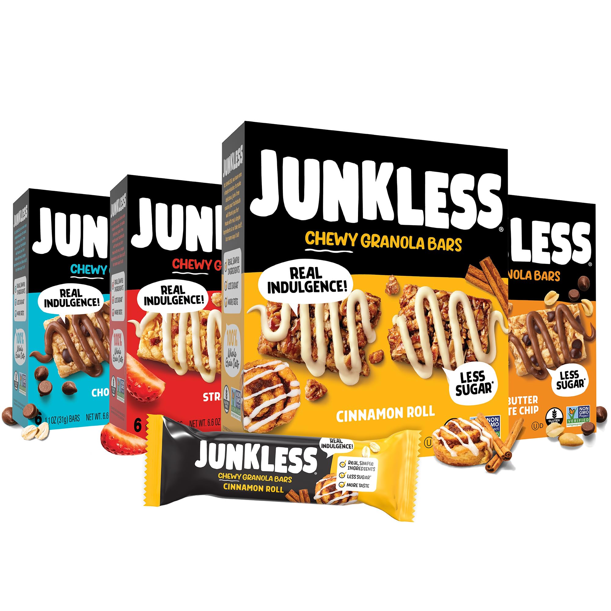 JUNKLESS Classic Chewy Granola Bars - Bulk Variety Pack, Gluten-Free, Non-GMO, Lower Sugar, Healthy Snacks for Kids & Adults, 4 Boxes (24 Bars)