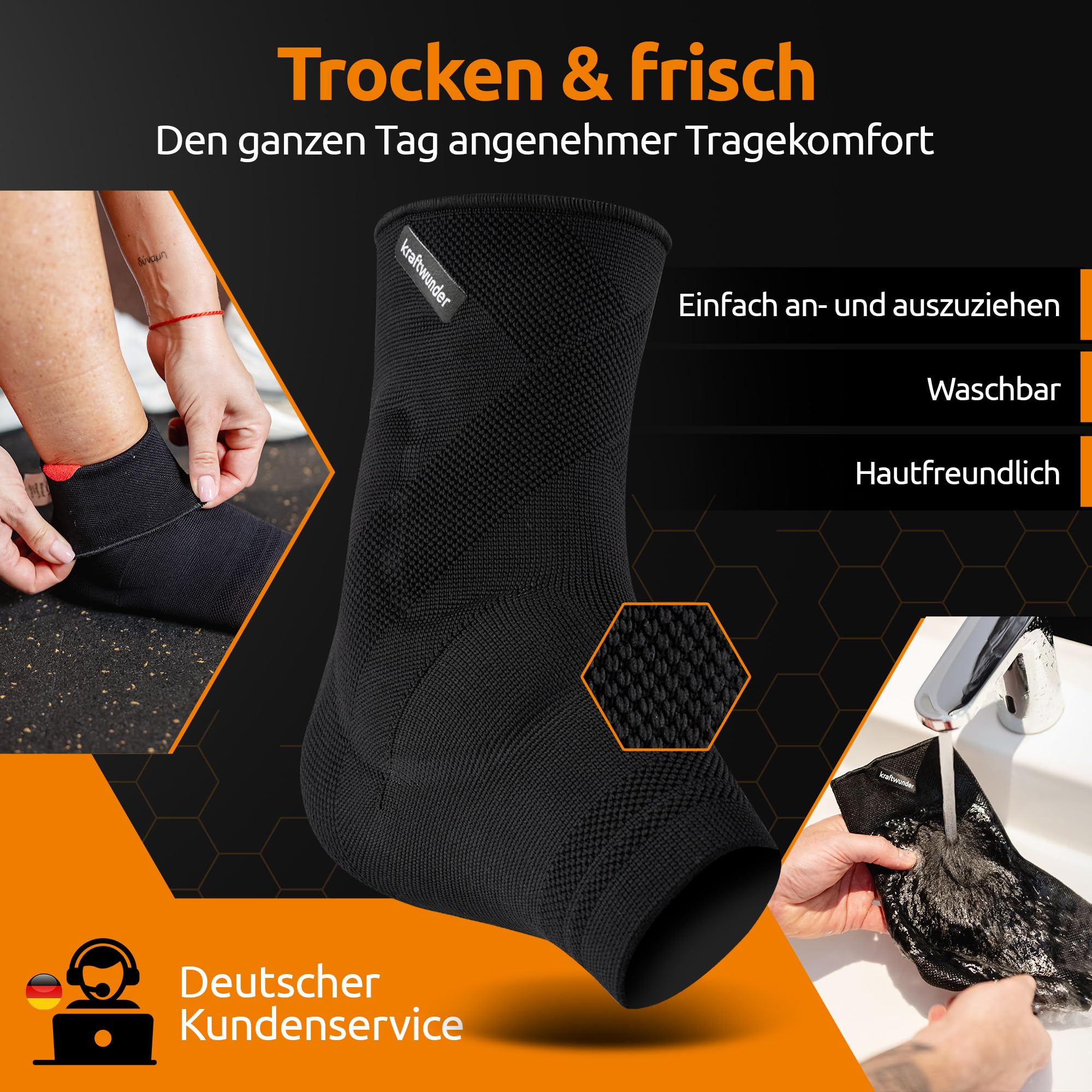 Tobillera fabricada en Alemania – Tobillera con almohadillas de silicona, vendaje de compresión para el tobillo para deporte y uso diario, antideslizante en el zapato (negro, XXL, derecha)