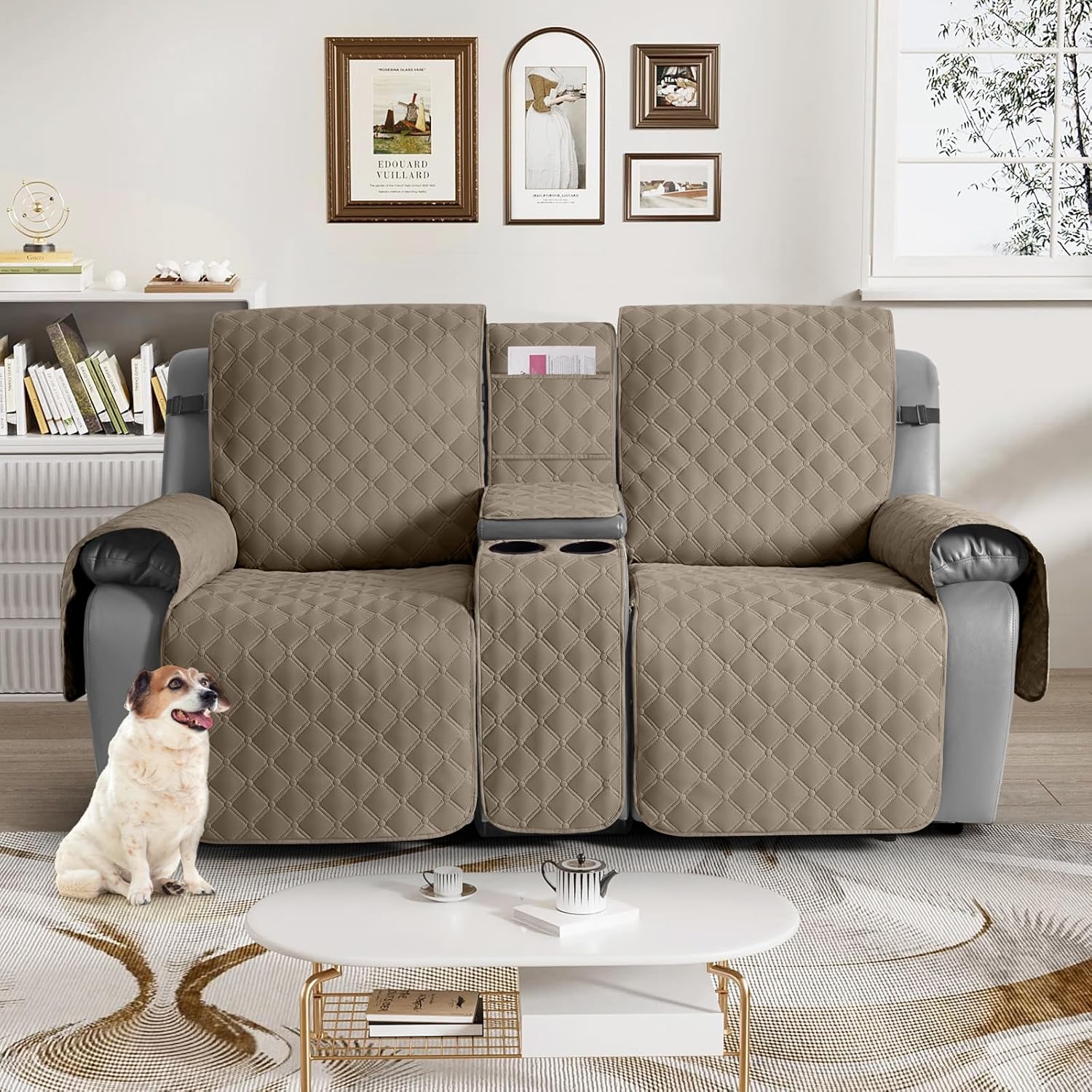 TAOCOCO 100% Waterproof Loveseat Recliner Cover with Center Console, Reversible Reclining Couch Cover for 2 Seats with Leg Straps, Washable Split Sofa Cover Protector for Pets Kids (Taupe)