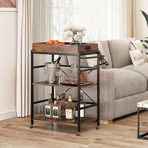 Miniatura 3 de Carrito de isla de cocina, carrito rodante de 3 niveles con bandeja extraíble y estante de asa, islas de almacenamiento de cocina de madera y carros