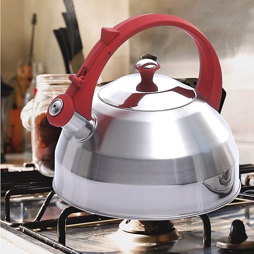 Miniatura 7 de Creative Home Steppes - Hervidor de té silbante de acero inoxidable de 2.8 cuartos de galón con mango recubierto resistente al calor, parte inferior