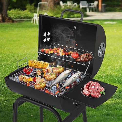 Charcoal Grills Outdoor BBQ Grill, Barrel Charcoal Grill with Side Table and Wheels, for Outdoor Backyard Camping Picnics Patio and Parties