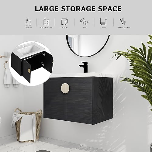 Miniatura 8 de Yoluckea Juego de tocador de baño de 28 pulgadas con lavabo montado en la pared, moderno juego de tocador de baño con lavabo de cerámica blanca y