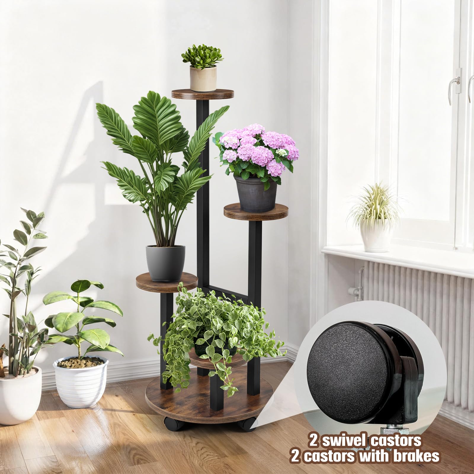 Porte-Plantes Rond sur Roulettes, 5 Étagères, 85 cm de Hauteur, Support en Métal et Bois, Stabilité et Gain de Place pour Salon, Balcon