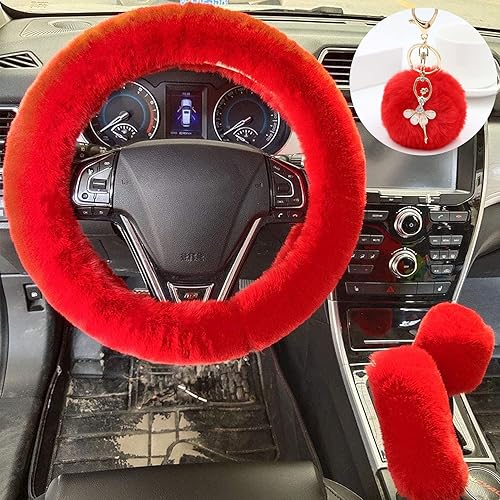 Miniatura 8 de ZYNQACC Juego de 4 fundas esponjosas para volante con funda para freno de mano, funda para palanca de cambios y llavero de felpa de lana sintética