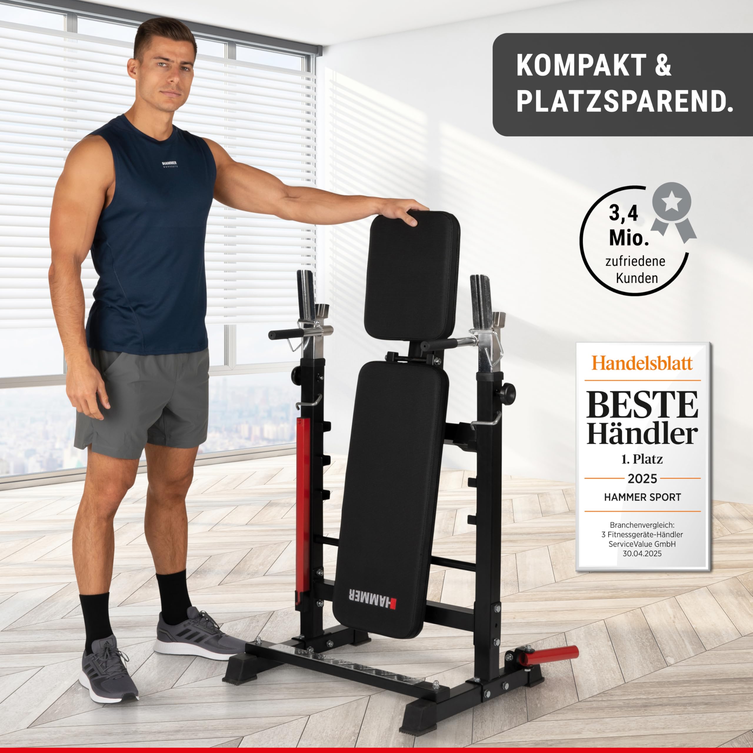 HAMMER Hantelbank Force 4.0 mit Rack, Hantelbank klappbar, Schrägbank, Flachbank, max. 180 kg Körpergewicht, Dipgriffe, Langhantelablage - Trainingsbank verstellbar Home Gym Bankdrücken