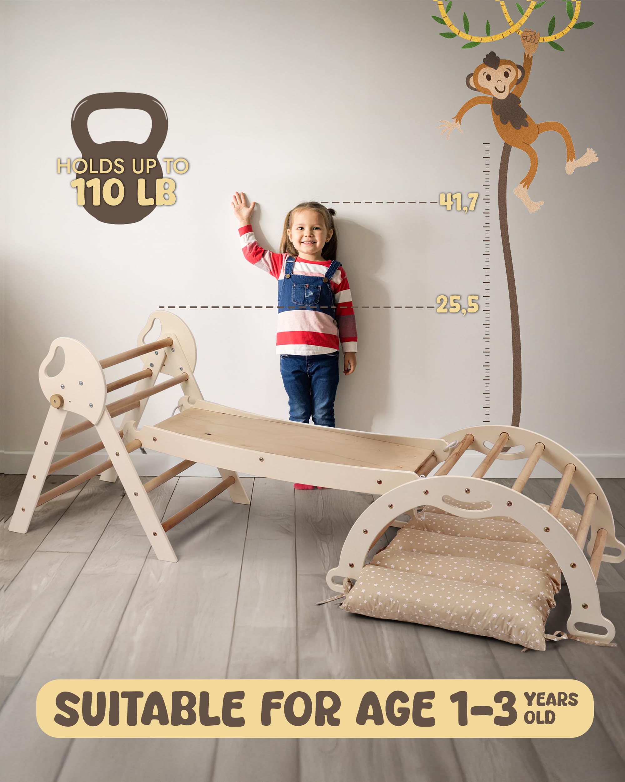 Goodevas 5-in-1 Struttura da Arrampicata per Interni in Legno con Scivolo – Triangolo Montessori per Bambini da 1 Anno, Parco Giochi per Interni, Giocattolo da Arrampicata per Bambini Triangolo