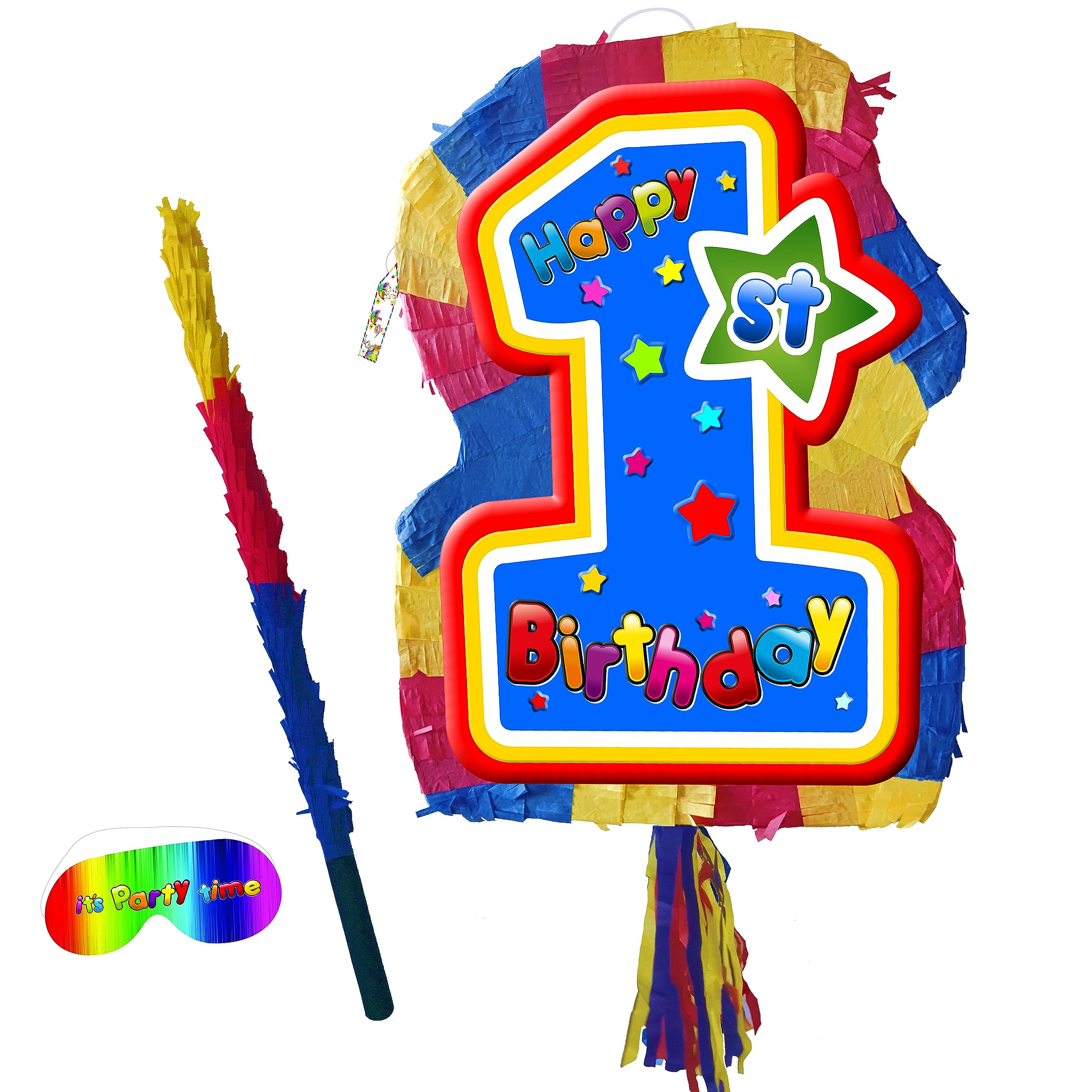 1st Birthday Number 1 colourful Pinata with stick