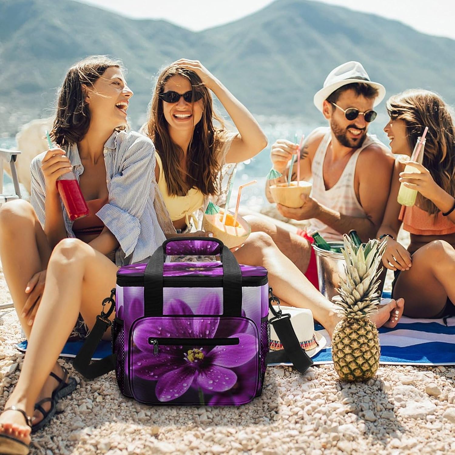 Large-Capacity Oxford Cloth Purple Flower Printed Camping Ice Bag, Outdoor Portable Insulation and Cold Storage Bag, Enjoy A Cool Camping Time