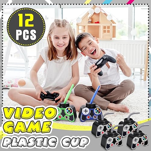 Miniatura 5 de Mifoci 12 vasos de plástico para videojuegos con popote y tapa, tazas de fiesta de cumpleaños de 10 onzas, tazas para videojuegos, regalos de fiesta