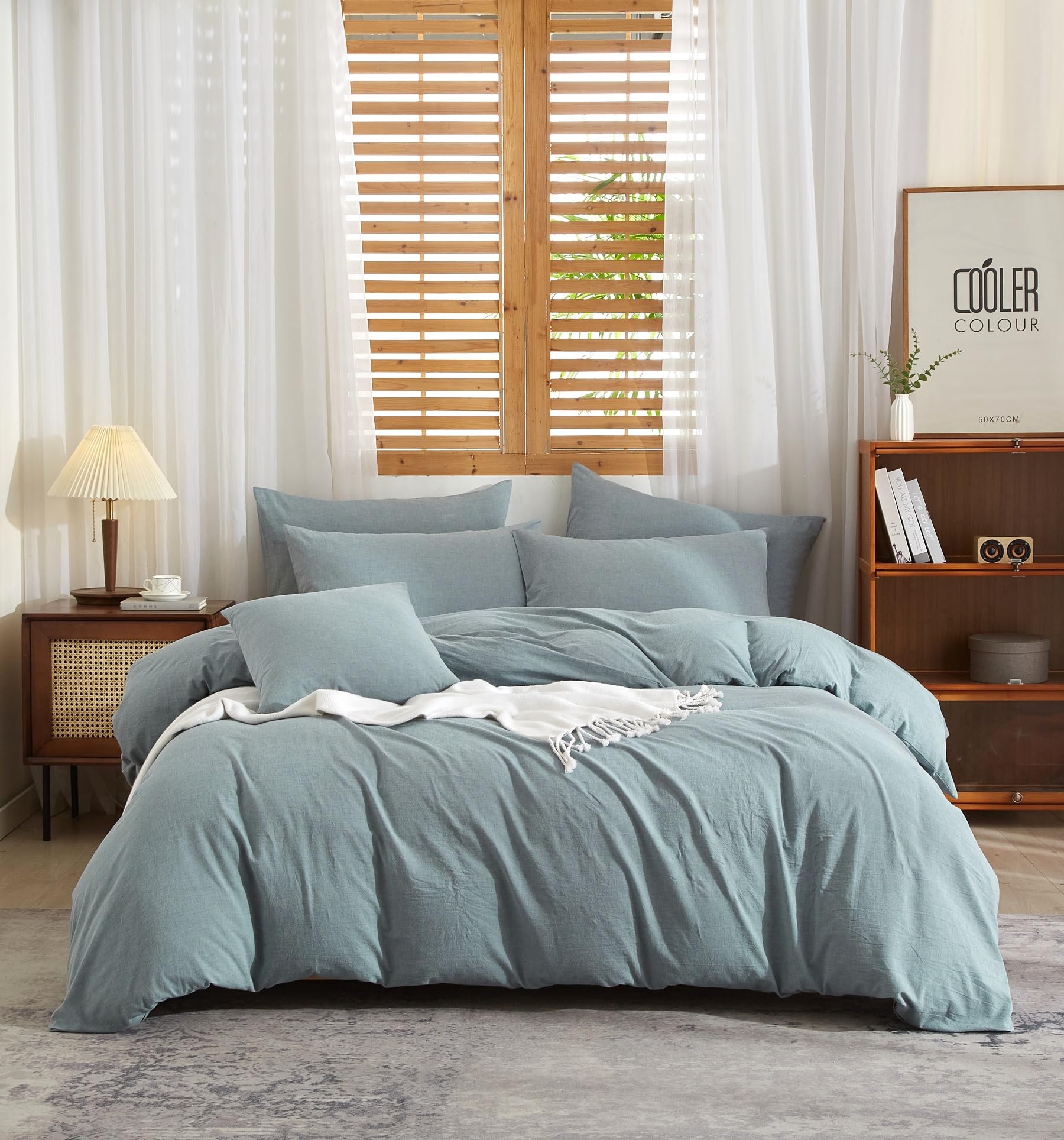 Copripiumino Mezza Lino 140 x 200 Blu - Set da letto misto morbido e traspirante e morbido, in cotone, biancheria da letto singolo, con cerniera e federa 65 x 65 cm