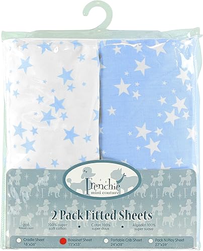 Frenchie Mini Couture Sábanas para moisés, 100% algodón, estrellas azules, 15 x 33 pulgadas, paquete de 2