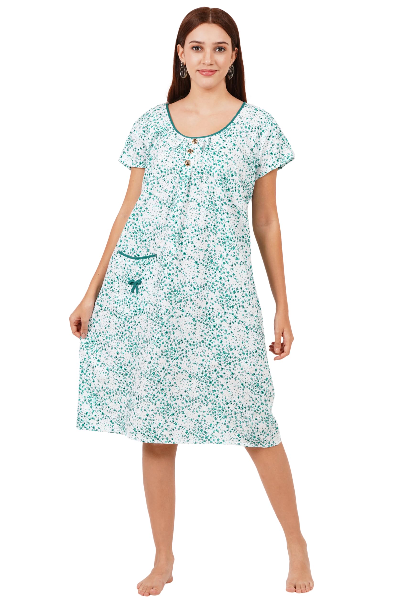 breezly Woman's Long Short Calf Length Pure Cotton Nighty Light Green-picture-54