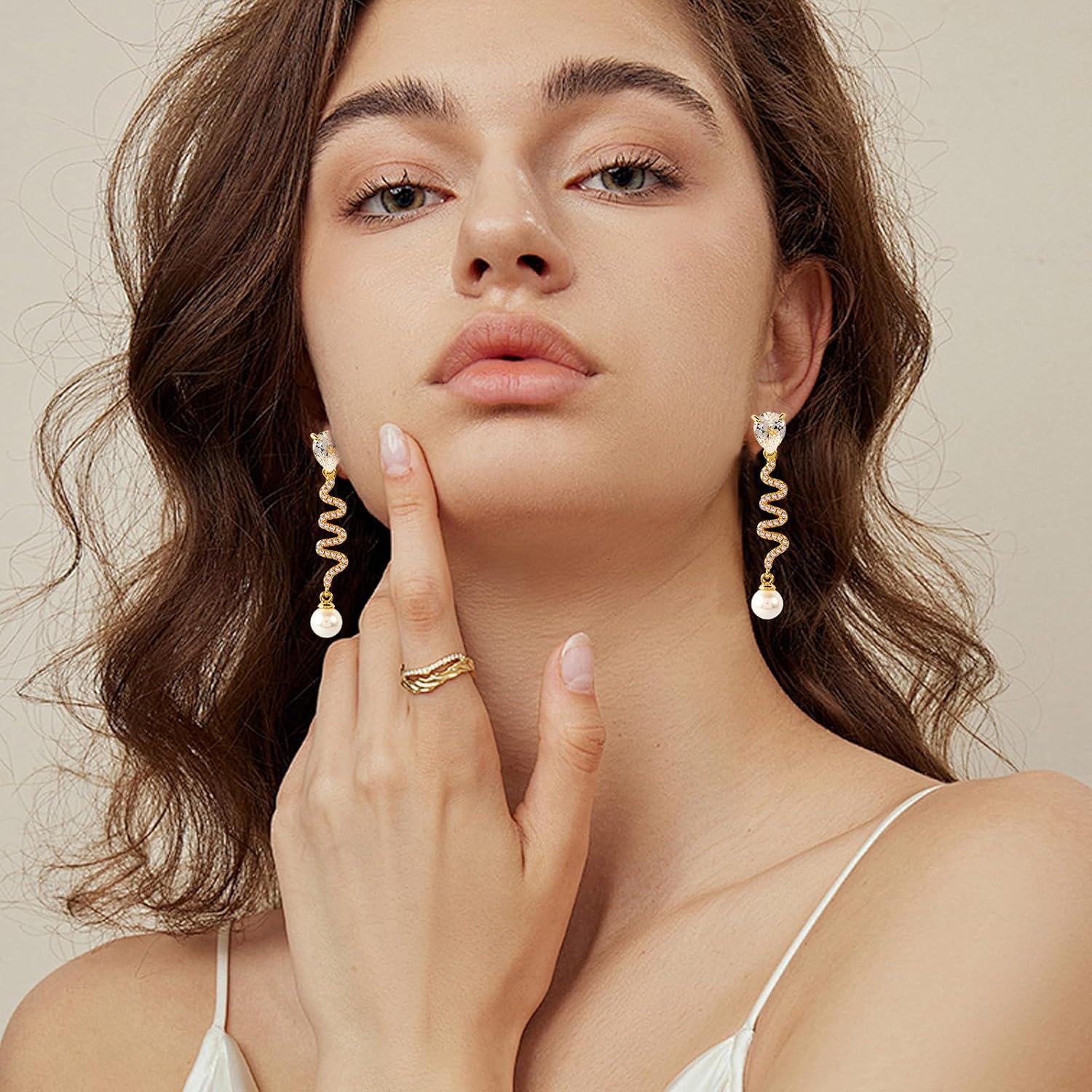 Women’s Spiral Drop Earrings with Cubic Zirconia & Pearl Accents, Hypoallergenic Dangle Earrings for Women, Elegant Wave Design Party Wedding Jewelry, Silver-Tone Lightweight Earrings