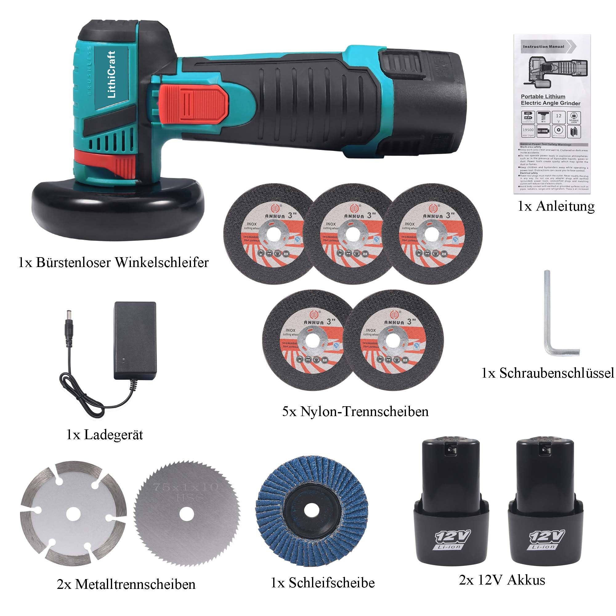 Mini Akku Winkelschleifer 12V, 76mm (3 Zoll) Bürstenloser Trennschleifer mit 2x 1500mAh Akku & 8 Scheiben, 19500 U/min Kabelloser Schneider, Elektrischer Multischleifer für Metall, Holz & Fliesen