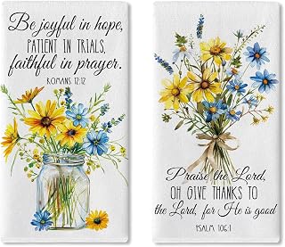 Croar Wildflower Christian Kitchen Dish Towels Set of 2 - Religious Flower Mason Jar Bible Verse, Absorbent 18x26 Polyester Drying Towels